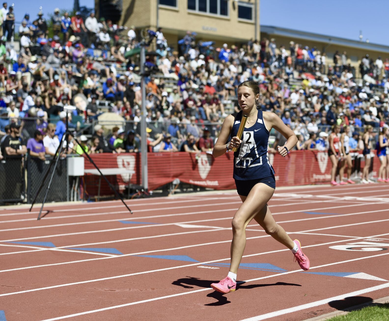 Air Academy's Lauren Myers runs in the 4x800 at the CHSAA state track and field championships on Thursday, May 16, 2024. (CarsonFieldcarson.field@gazette.comhttps://secure.gravatar.com/avatar/c524ef3d384945349bed78d70eb2d2cd?d=mm&r=g)