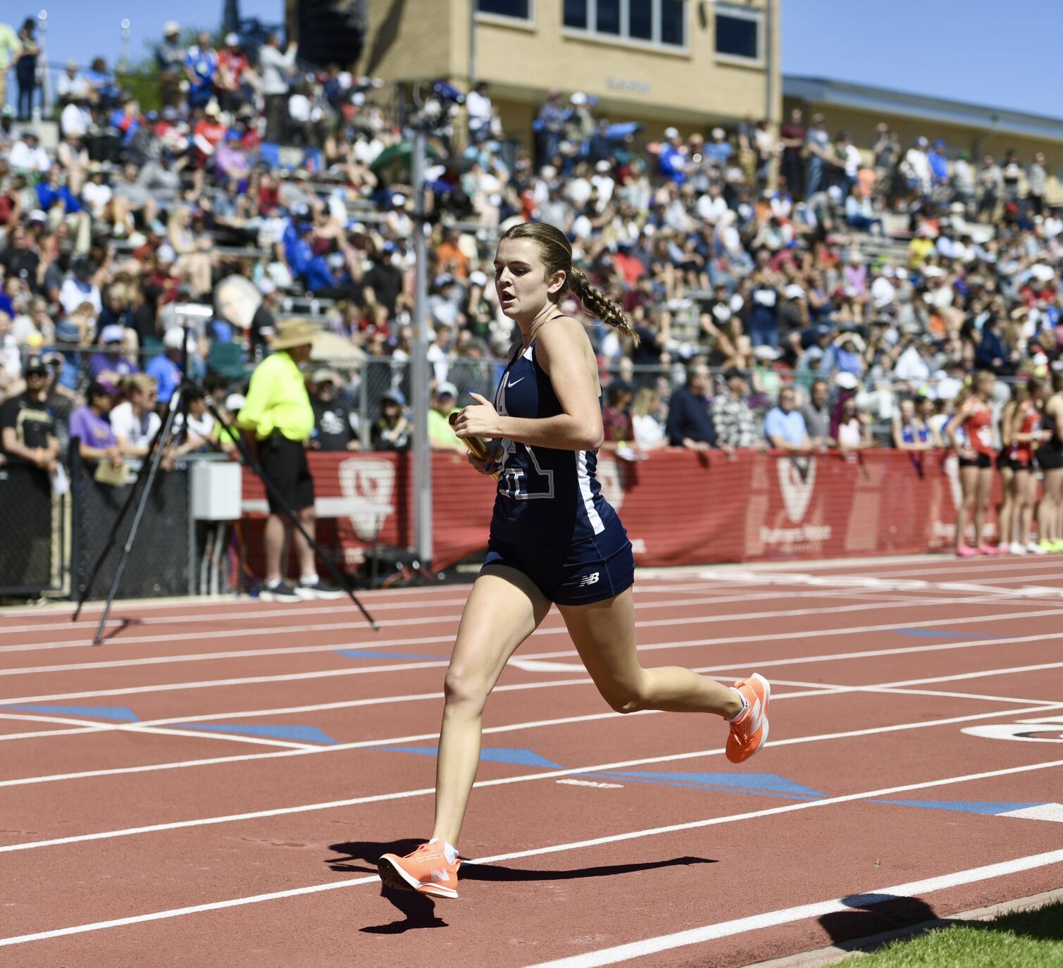 Air Academy's Bethany Michalak runs in the 4x800 at the CHSAA state track and field championships on Thursday, May 16, 2024. (CarsonFieldcarson.field@gazette.comhttps://secure.gravatar.com/avatar/c524ef3d384945349bed78d70eb2d2cd?d=mm&r=g)