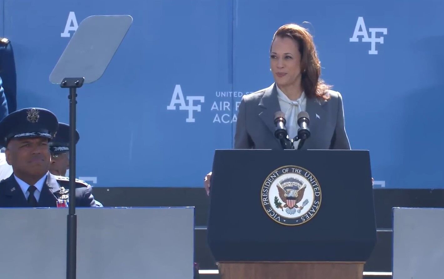 Vice President Kamala Harris speaking at the Air Force Academy graduation ceremony. (Screenshot courtesy of the Air Force Academy live stream)