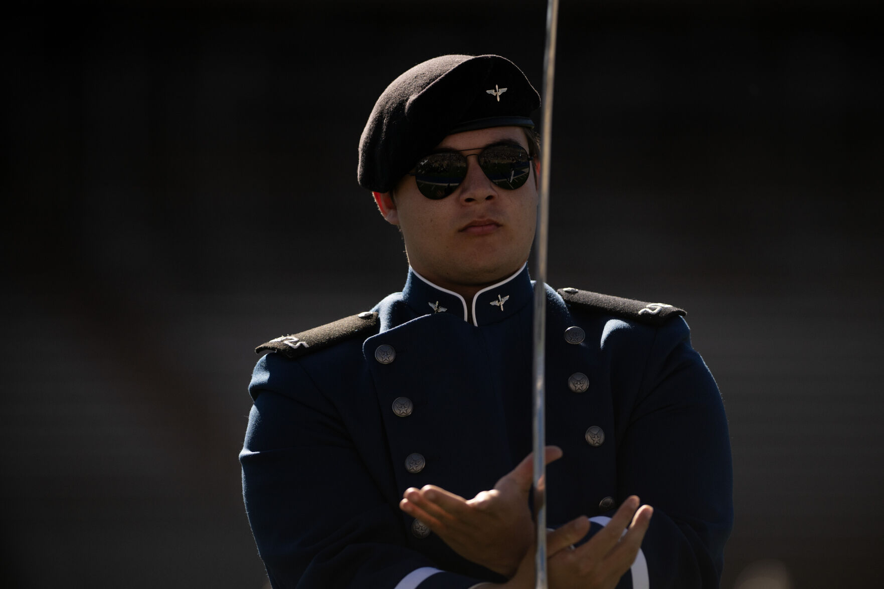 A member of the Cadet Sabre Drill Team performs at the United States Air Force Academy graduation at Falcon Stadium on Thursday, May 30, 2024, in Colorado Springs, Colo. (Parker Seibold, The Gazette) (Parker Seibold)
