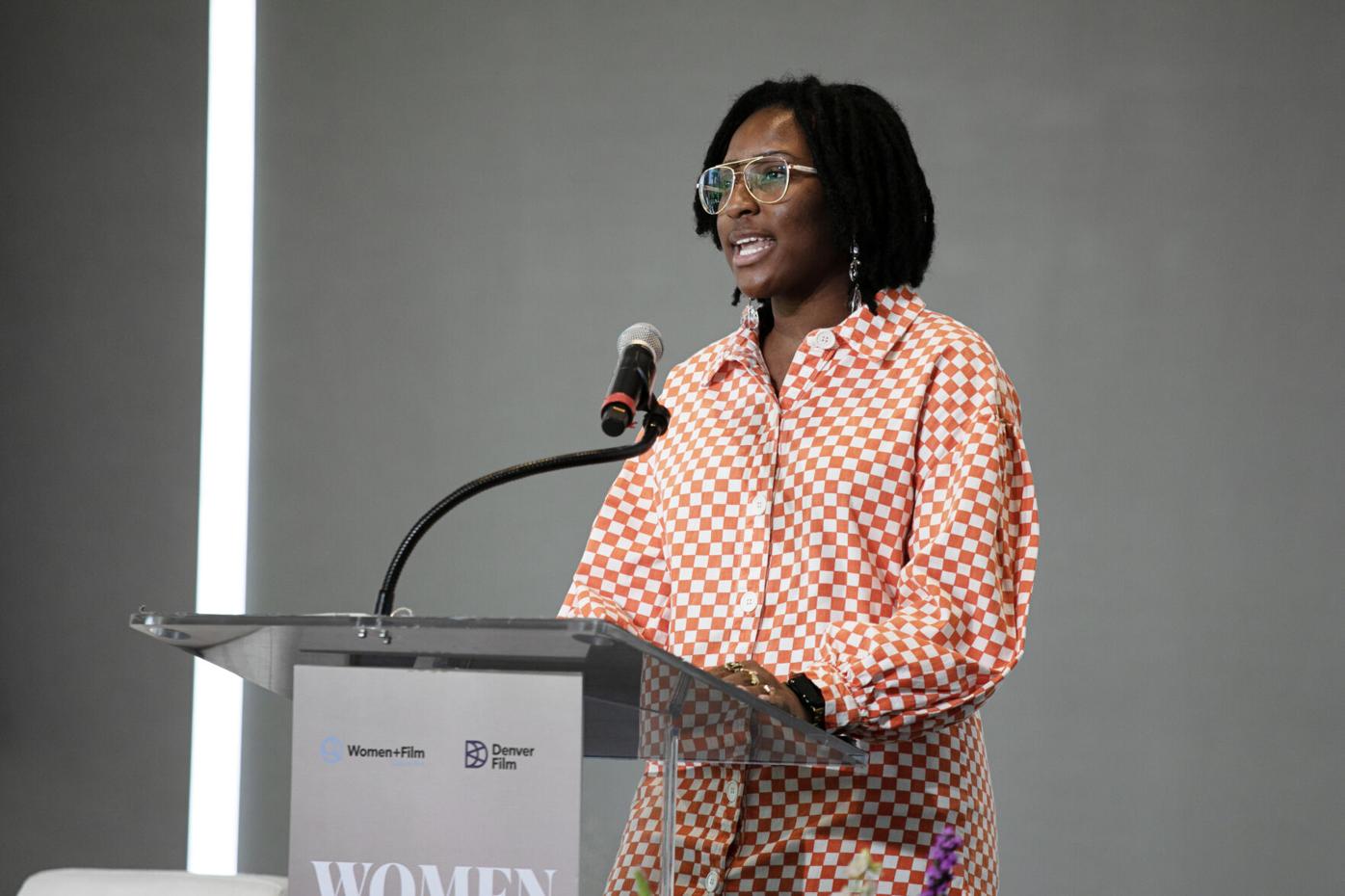 Ambriehl Turrentine speaks at the Women+Film luncheon