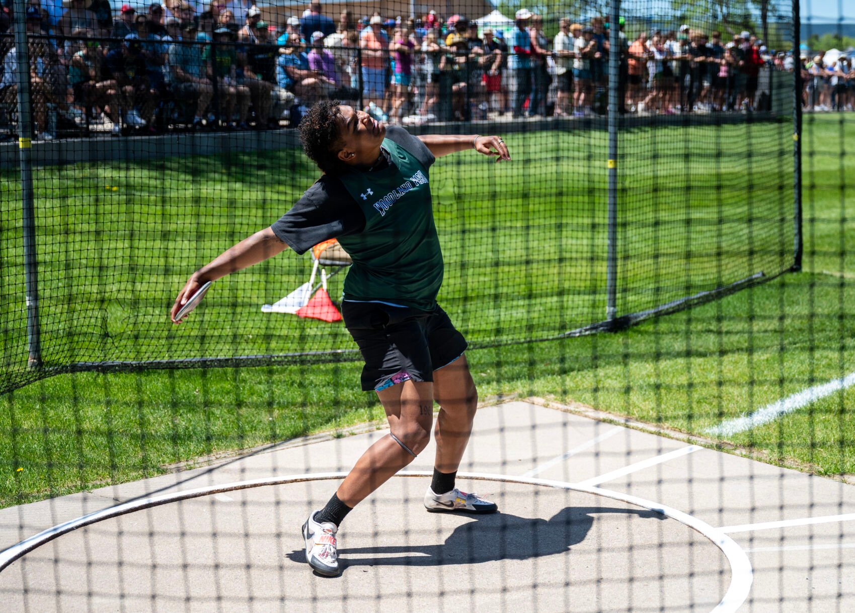 Woodland Park’s Jaedyn Kohn competes in the 3A girls discus throw at the Colorado High School Activities Association state track and field championships on Friday, May 17, 2024, at Jeffco Stadium in Lakewood, Colo. Kohn was the champion with a distance of 39.5 meters. (Parker Seibold, The Gazette) (Parker Seibold)