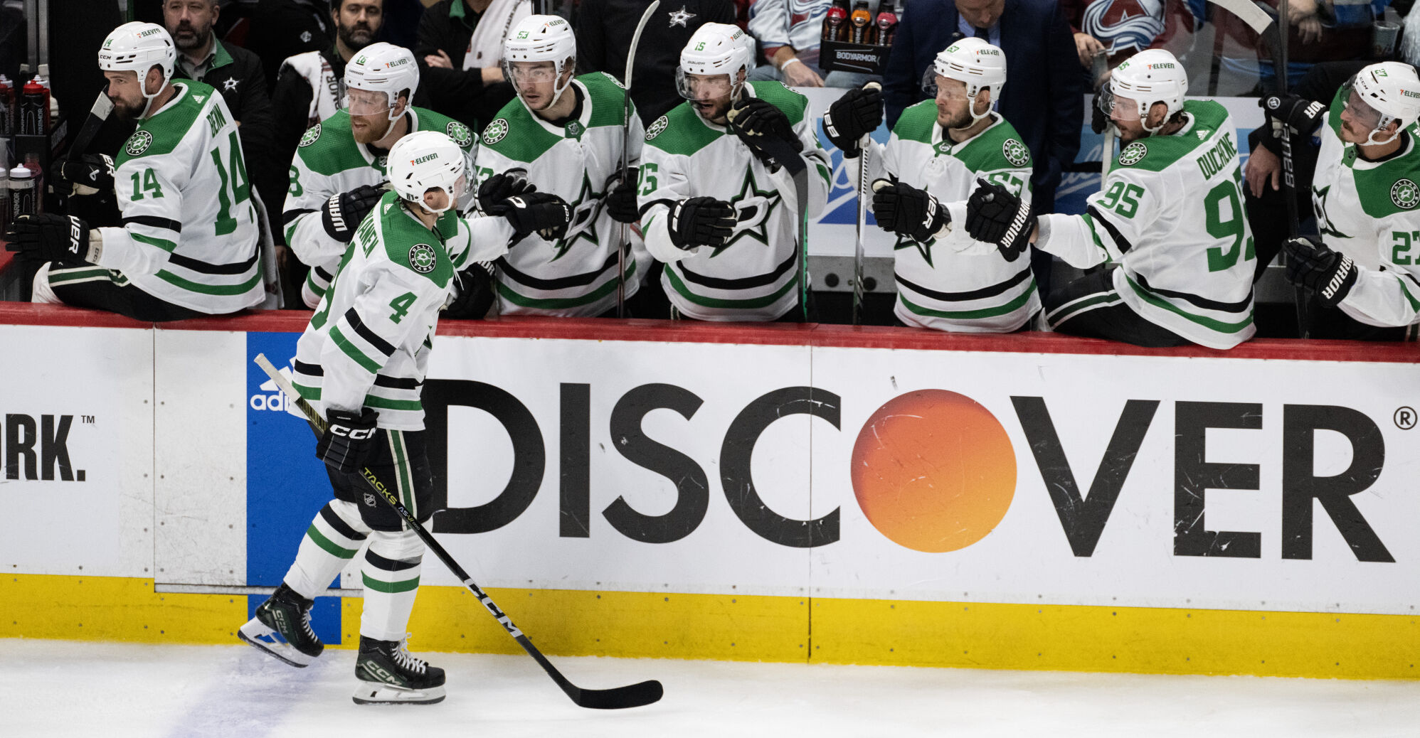 Dallas Stars defenseman Miro Heiskanen (4) celebrates with the Stars bench after scoring against Colorado Avalanche goaltender Alexandar Georgiev (40) during the second period of Game 4 of an NHL Stanley Cup second-round playoff series Monday, May 13, 2024, at Ball Arena in Denver. (The Gazette, Christian Murdock) (Christian Murdock/The Gazette)