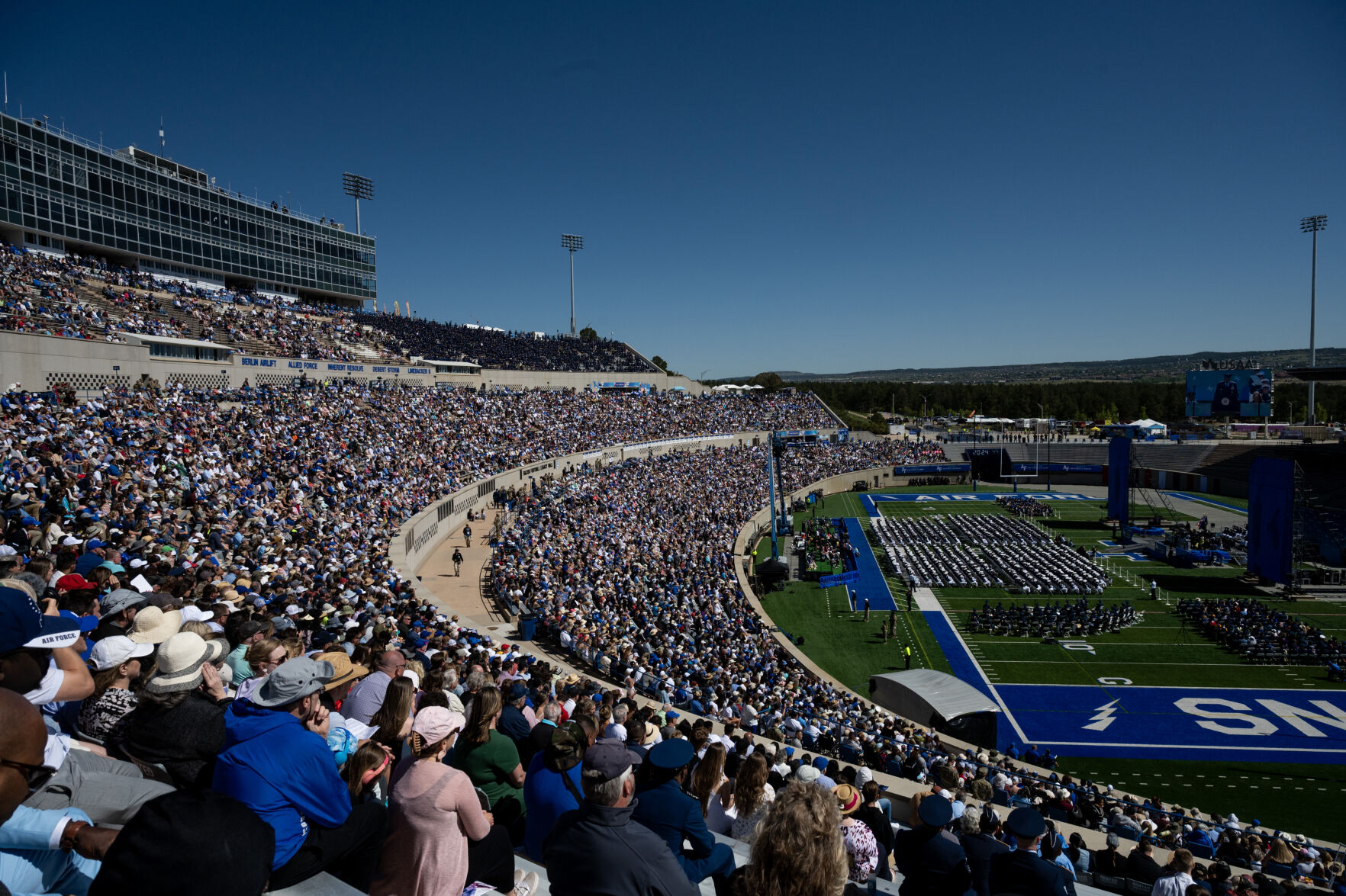 Thousands of people gathers for the United States Air Force Academy graduation at Falcon Stadium where 974 cadets became officers on Thursday, May 30, 2024, in Colorado Springs, Colo. (Parker Seibold, The Gazette) (Parker Seibold)