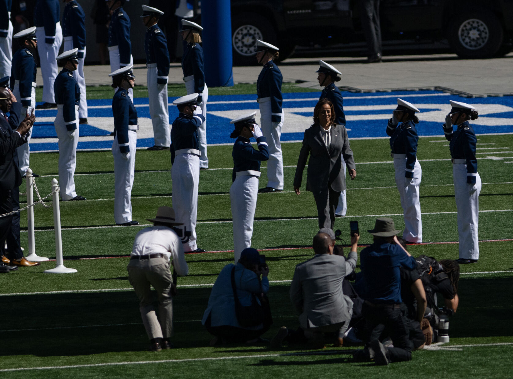 Vice President of the United States Kamala Harris enters Falcon Stadium at the start of the United States Air Force Academy graduation on Thursday, May 30, 2024, in Colorado Springs, Colo. (Parker Seibold, The Gazette) (Parker Seibold)