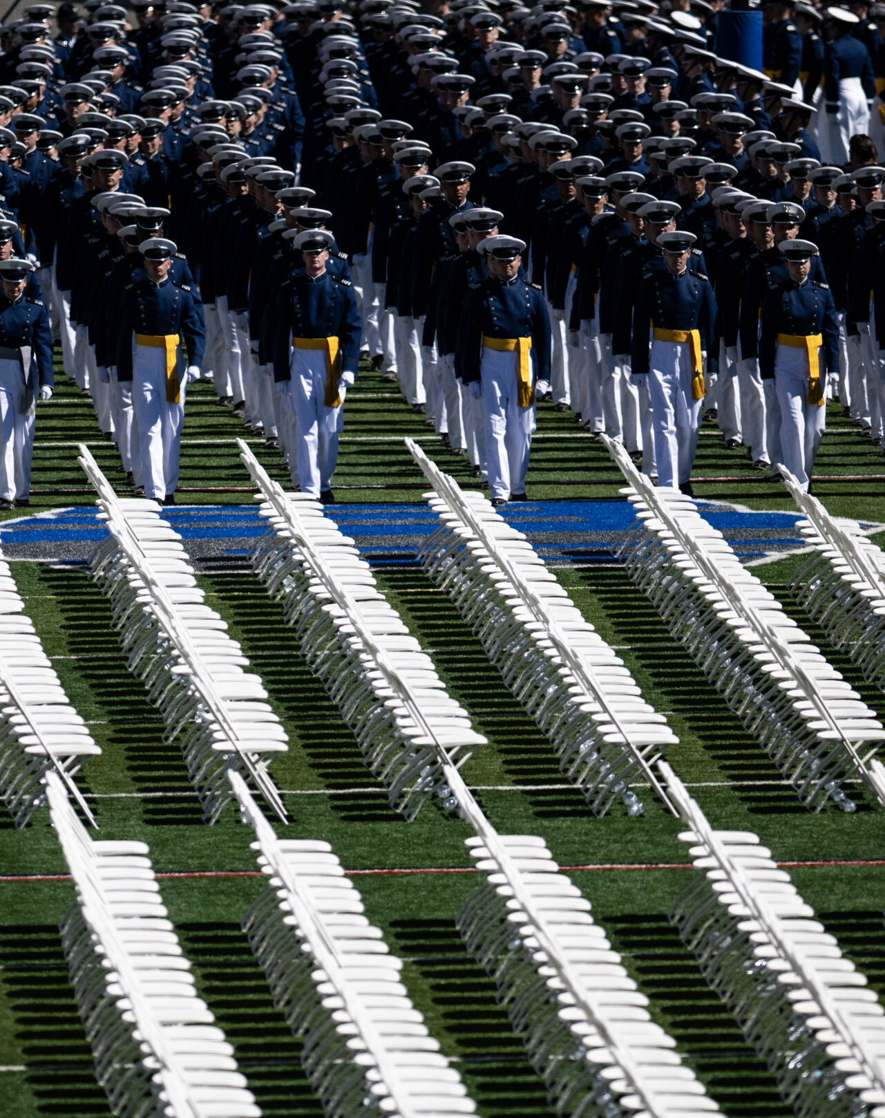 The class of 2024 marches onto the field during the United States Air Force Academy graduation at Falcon Stadium on Thursday, May 30, 2024, in Colorado Springs, Colo. (Parker Seibold, The Gazette) (Parker Seibold)