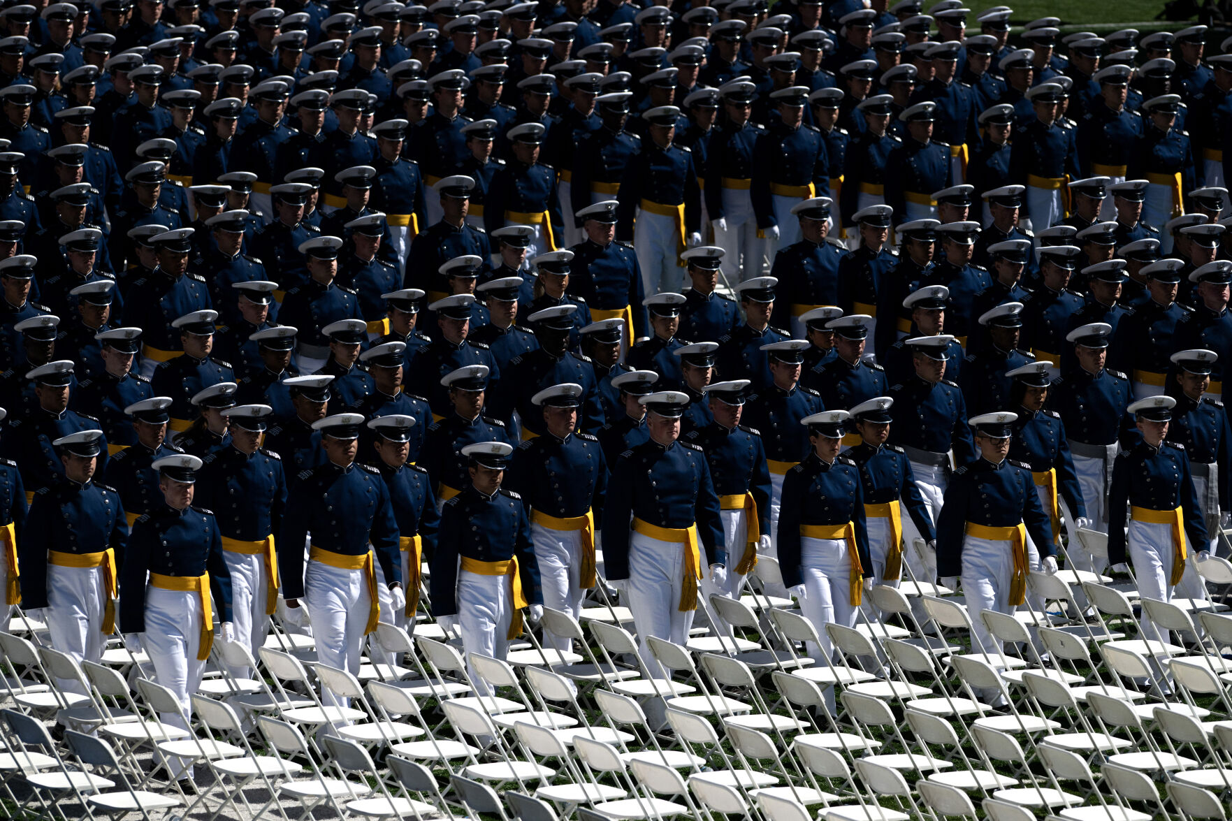 Graduates of the United States Air Force Academy march to their seats at the start of the commencement ceremony at Falcon Stadium on Thursday, May 30, 2024, in Colorado Springs, Colo. (Parker Seibold, The Gazette) (Parker Seibold)