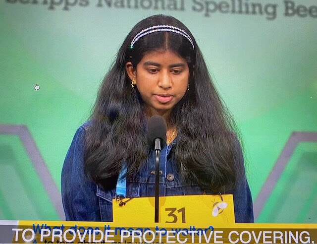 Aditi Muthukumar was still alive after six round of the Scripps National Spelling Bee Wednesday. The finals are Thursday night starting at 6 p.m. MST on ION television. (Scripps National Spelling Bee)