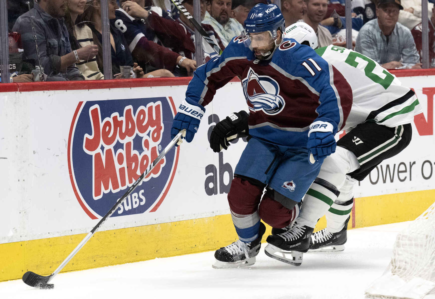 Colorado Avalanche center Andrew Cogliano (11) skates ahead of Dallas Stars defenseman Ryan Suter (20) during the first period of Game 4 of an NHL Stanley Cup second-round playoff series Monday, May 13, 2024, at Ball Arena in Denver. (The Gazette, Christian Murdock) (Christian Murdock/The Gazette)
