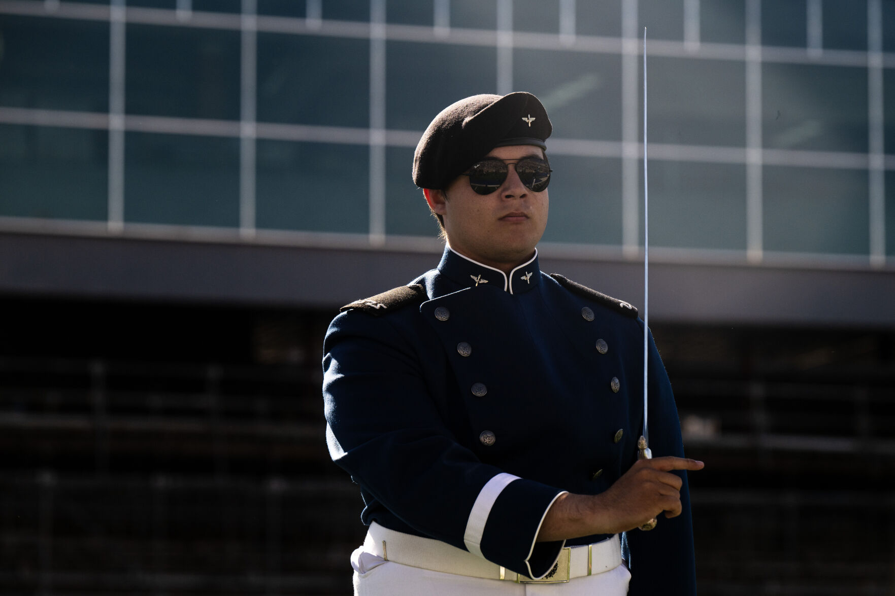 A member of the Cadet Sabre Drill Team performs at the United States Air Force Academy graduation at Falcon Stadium on Thursday, May 30, 2024, in Colorado Springs, Colo. (Parker Seibold, The Gazette) (Parker Seibold)