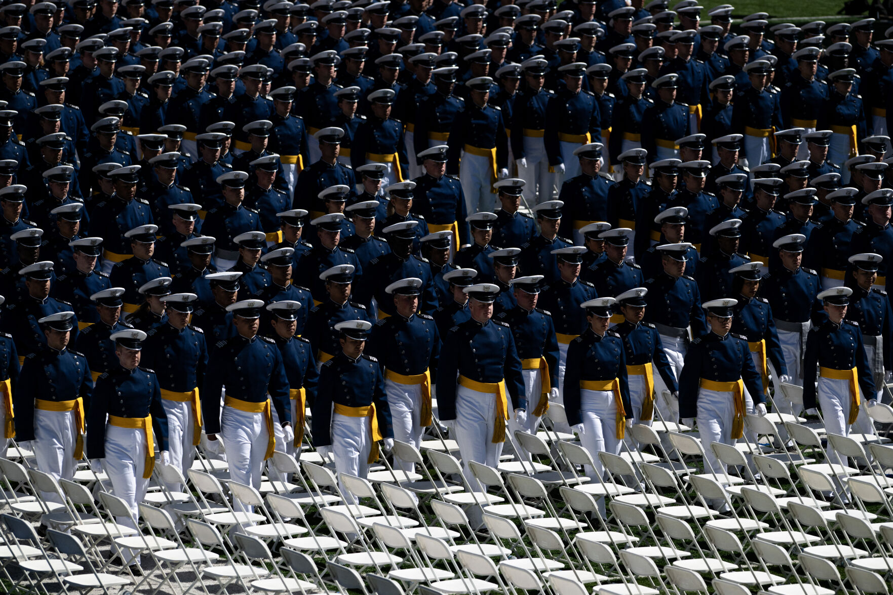 Graduates of the United States Air Force Academy march to their seats at the start of the commencement ceremony at Falcon Stadium on Thursday, May 30, 2024, in Colorado Springs, Colo. (Parker Seibold, The Gazette) (Parker Seibold)