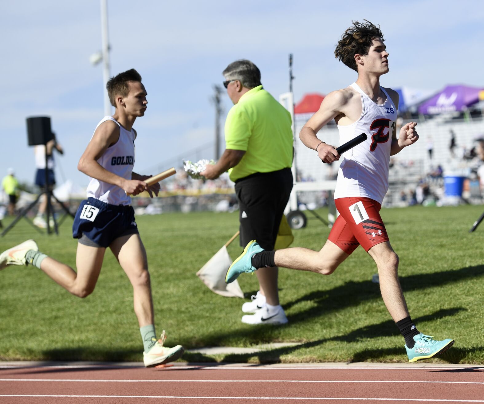 Peyton's Hunter Trim runs in the 4x800 relay at the CHSAA track and field state championships on Thursday, May 16, 2024. (CarsonFieldcarson.field@gazette.comhttps://secure.gravatar.com/avatar/c524ef3d384945349bed78d70eb2d2cd?d=mm&r=g)