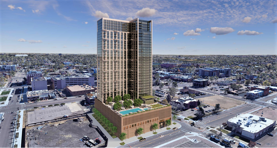A 36-story apartment building with 497 units, five parking levels and 41,000 square feet of indoor and outdoor amenities has been proposed on the southwest corner of a block bounded by Sahwatch and Costilla streets and Cascade and Vermijo avenues in downtown Colorado Springs. The building would become the city’s tallest building, surpassing the downtown 16-story Wells Fargo Tower. (COURTESY THE O’NEIL GROUP; LAMAR JOHNSON COLLABORATIVE)