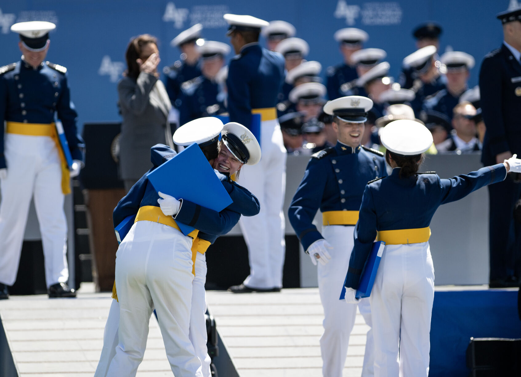 Graduates of the United States Air Force Academy celebrate during the commencement ceremony at Falcon Stadium on Thursday, May 30, 2024, in Colorado Springs, Colo. (Parker Seibold, The Gazette) (Parker Seibold)