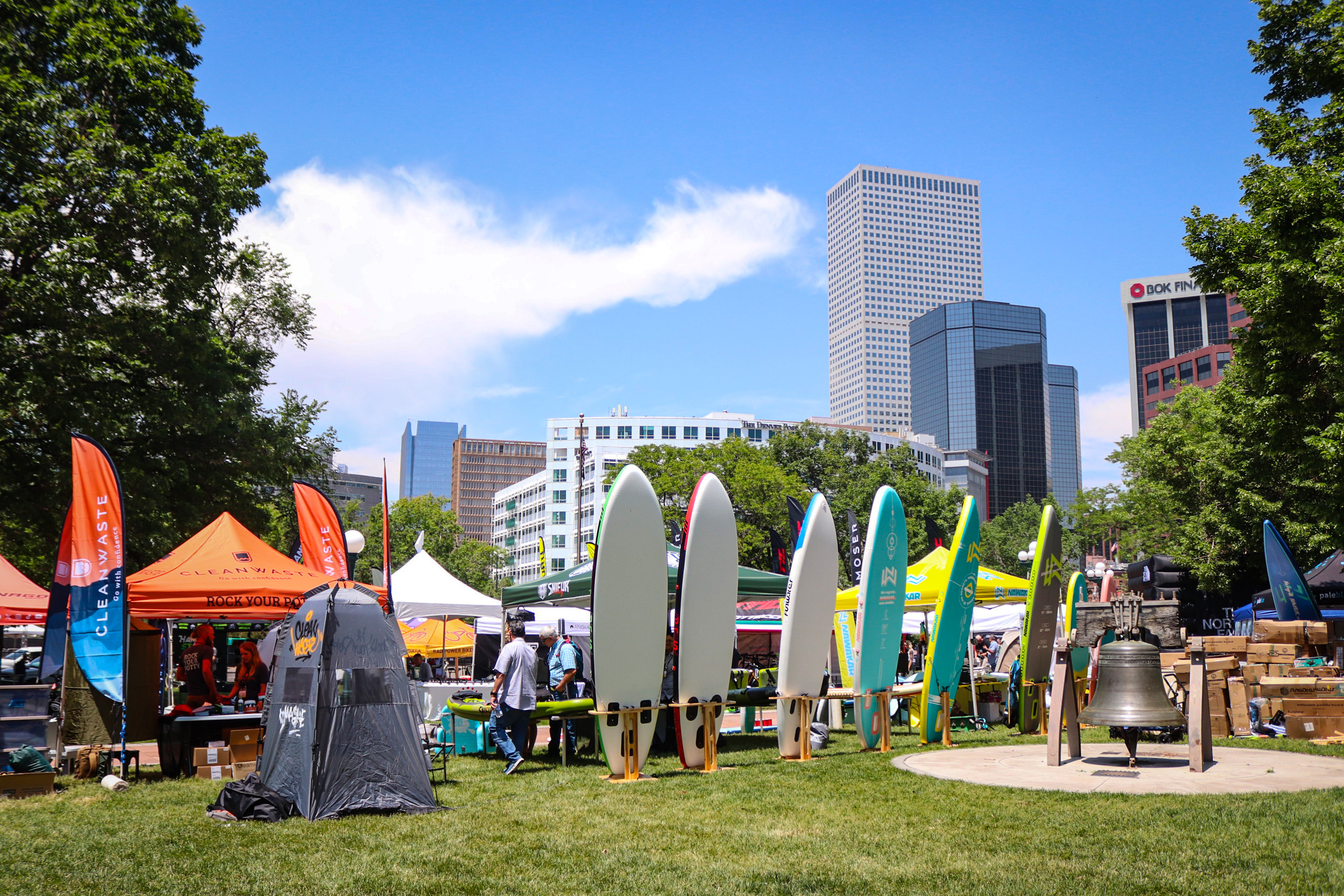 Inflatable paddle boards from California-based FunWater are on display in downtown Denver's Civic Center Park on May 31, 2024 at the Big Gear Show for the first Outside Festival. (BernadetteBerdychowskibernadette.berdychowski@denvergazette.comhttps://secure.gravatar.com/avatar/322f61cdbf93a4b325f65a4ce4254fd7?d=mm&r=g)
