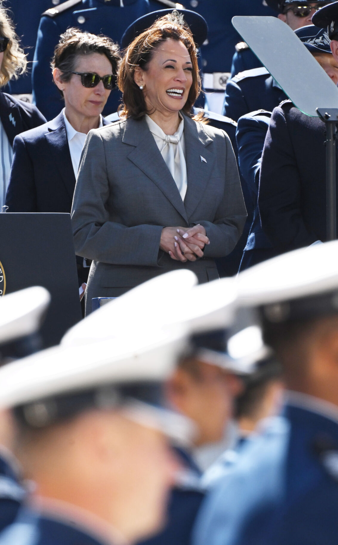 Vice-President Kamala Harris watches as the class of 2024 of the United States Air Force Academy march to their seats during the beginning of graduation at Falcon Stadium on Thursday, May 30, 2024. (Photo by Jerilee Bennett, The Gazette)