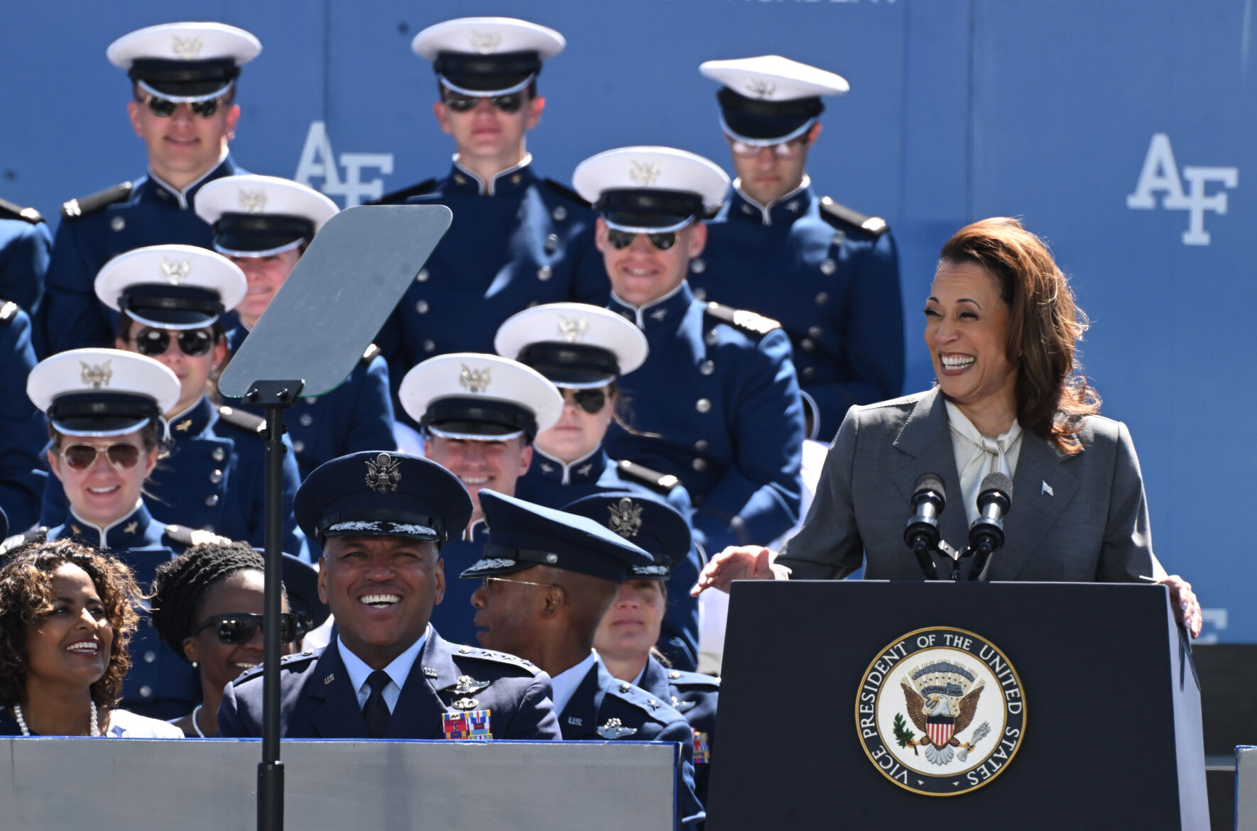 Vice President Kamala Harris speaks during the 2024 Air Force Academy graduation at Falcon Stadium in Colorado Springs on Thursday, May 30, 2024. (Photo by Jerilee Bennett, The Gazette)