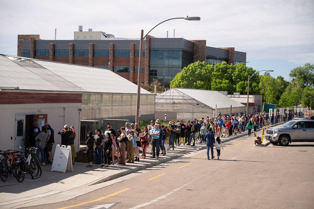 The line of people waiting to see Cosmo, Colorado State University’s Corpse flower, bloom in the Plant Growth Facilities’ Conservatory greenhouse on May 27, 2026. (Courtesy photo, John Eisele/Colorado State University)