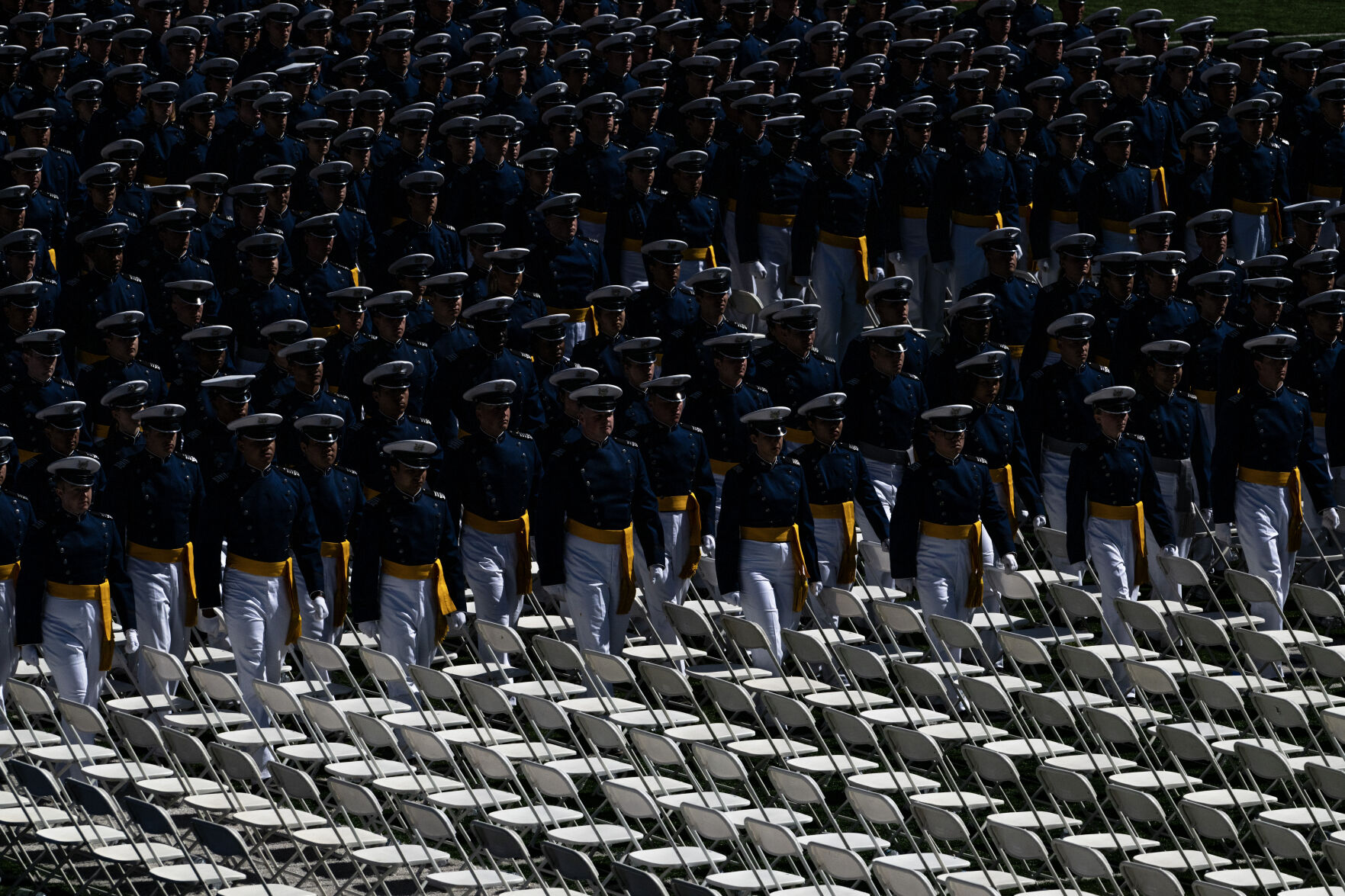 The class of 2024 marches onto the field during the United States Air Force Academy graduation at Falcon Stadium on Thursday, May 30, 2024, in Colorado Springs, Colo. (Parker Seibold, The Gazette) (Parker Seibold)