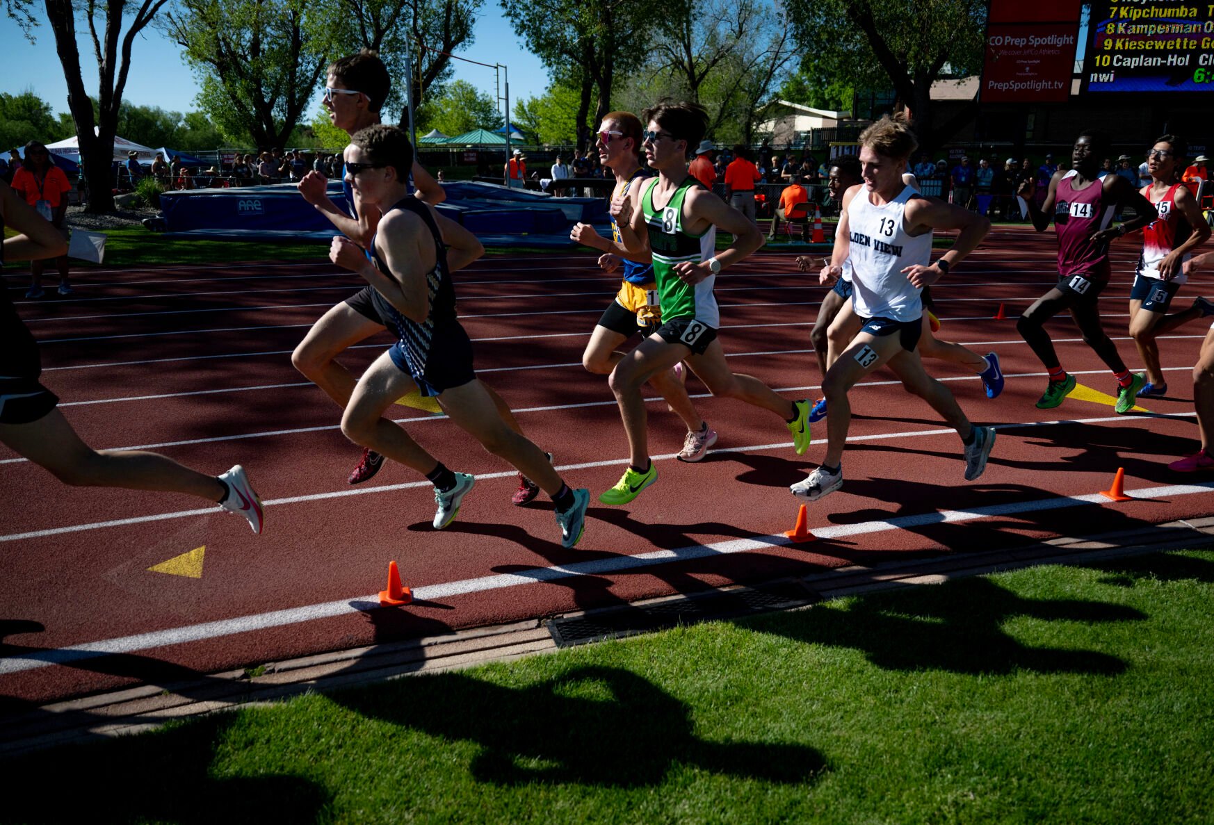 Runners compete in the 2A boys 3200 at the Colorado High School Activities Association state track and field championships on Friday, May 17, 2024, at Jeffco Stadium in Lakewood, Colo. (Parker Seibold, The Gazette) (Parker Seibold)