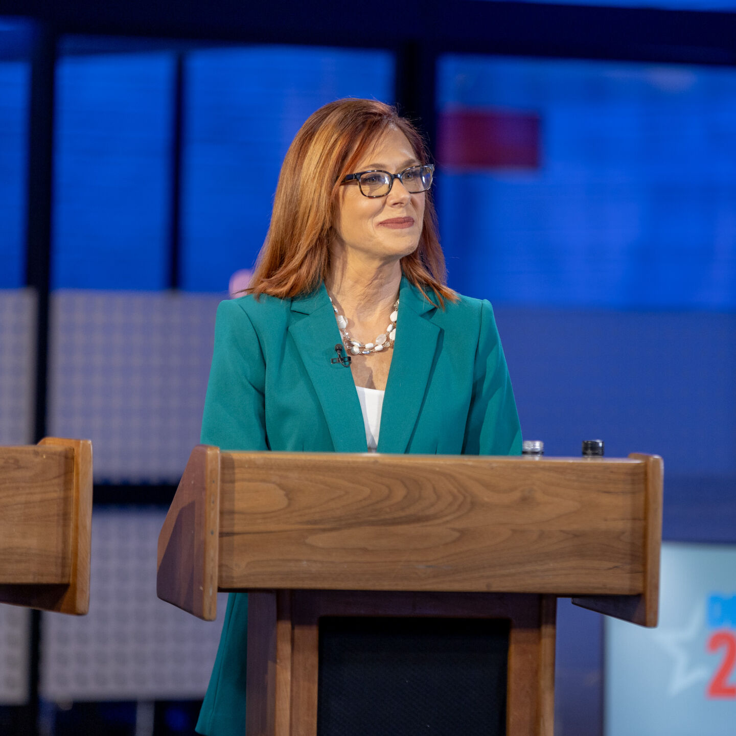 Deborah Flora responds to a question during the May 30 candidate debate hosted by Colorado Politics and 9News. (Tom Green, 9News)