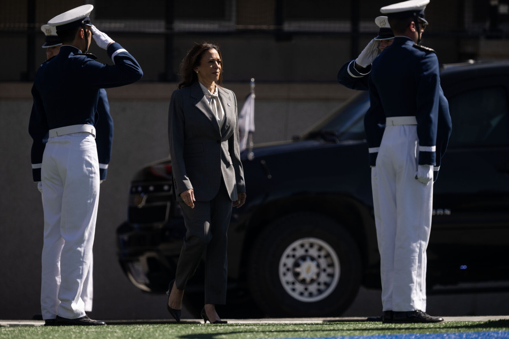 Vice President Kamala Harris walks to the podium at the start of the Air Force Academy Graduation on Thursday, May 30, 2024.(Stephen Swofford, The Gazette) (Stephen Swofford The Gazette)