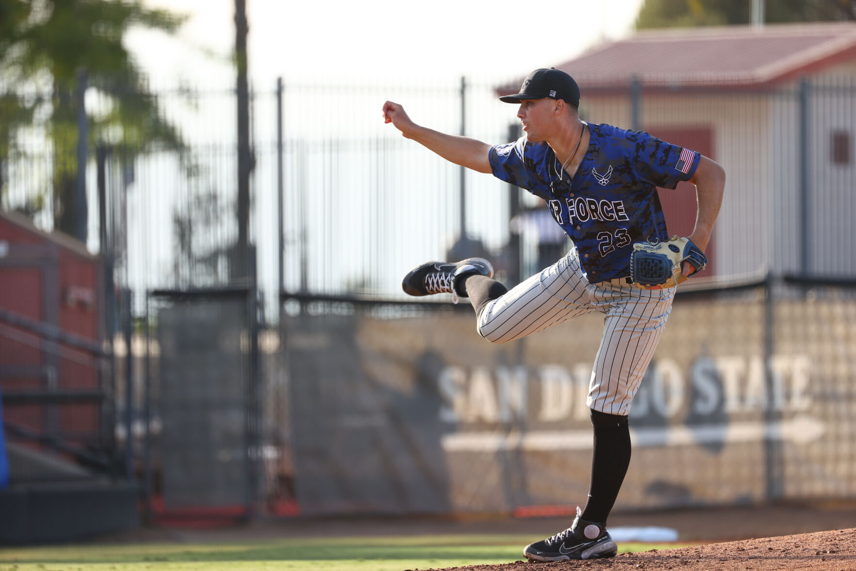 Air Force pitcher Paul Skenes delivers a pitch during the 2022 Mountain West baseball championship in San Diego. (Courtesy of Ethan Mito, NCAA Photos)
