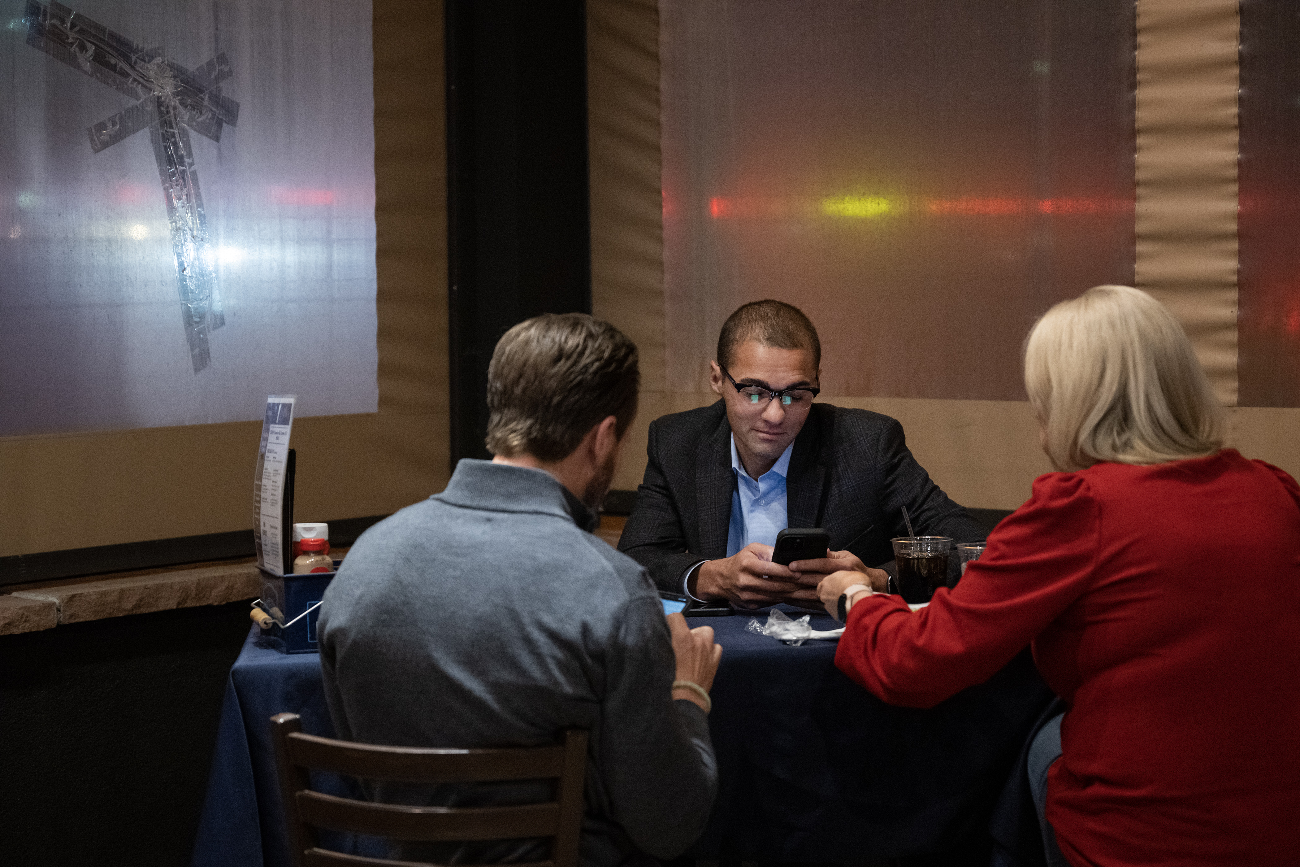 President of the Advance Colorado Institute, Michael Fields, center, looks at his phone as early election results come in during the “No On HH - Advance Colorado election night watch party” on Tuesday, Nov. 7, 2023, at JJ's Place in Aurora, Colo. (Timothy Hurst/Denver Gazette) (TimHursttim.hurst@gazette.comhttps://secure.gravatar.com/avatar/aca82bd62b4ee425c598527cd6faa1b1?d=mm&r=g)