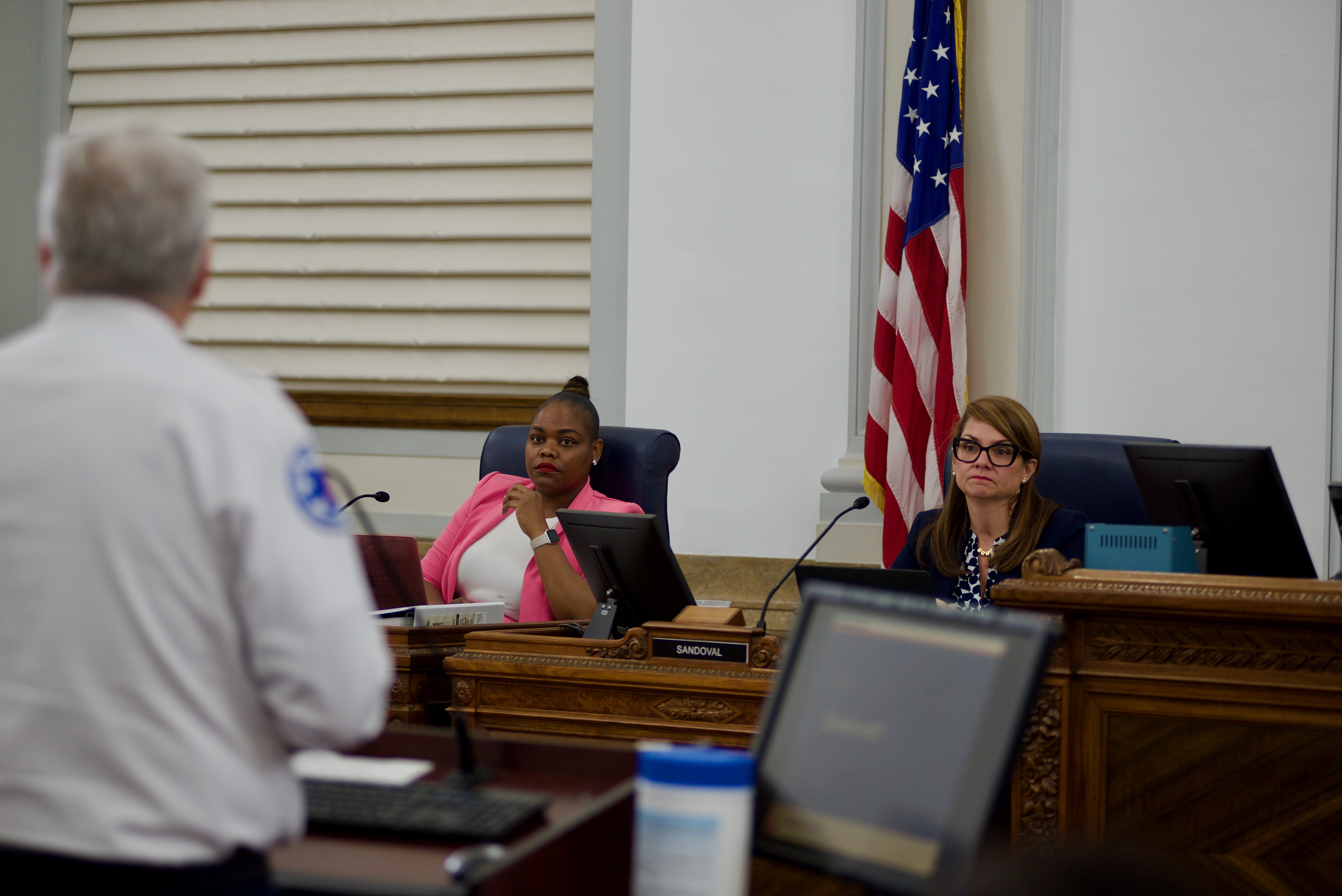 FILE PHOTO: Councilmember Shontel Lewis listens to a proclamation acceptance speech during a Denver City Council meeting. Lewis was the only person to vote against a trio of security contracts for homeless and immigrant shelters throughout the city. (Alex Edwards/The Denver Gazette) (AlexanderEdwardsBusiness Reporteralex.edwards@gazette.comhttps://secure.gravatar.com/avatar/dbaa50cc8a9183e280c297e3afa72ace?d=mm&r=g)