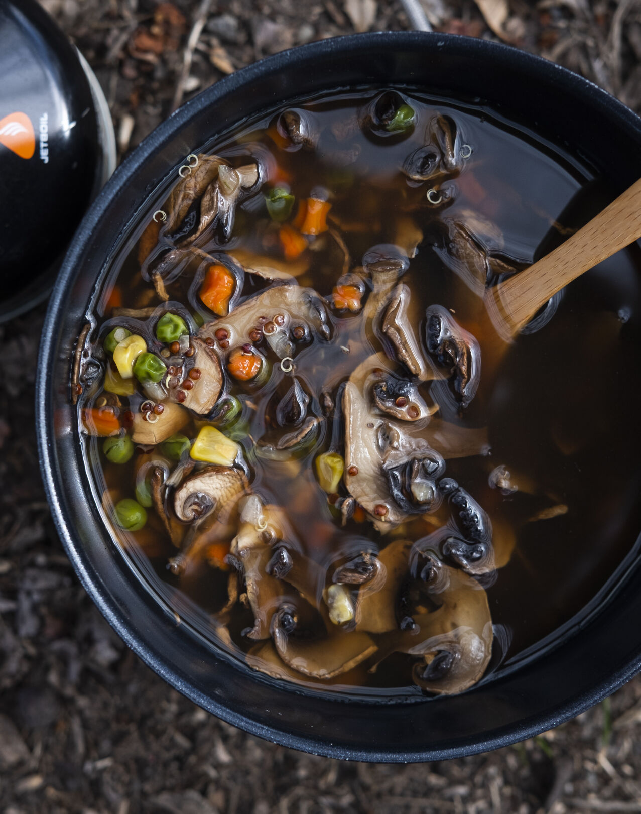 Mushroom quinoa soup is a favorite of Nick Cote, author of backcountry cookbook “Wild Eats.” It’s a soup of dehydrated mushrooms, corn, peas, carrots, onion, quinoa and bouillon cubes that simmer into a stock. (courtesy of Nick Cote)