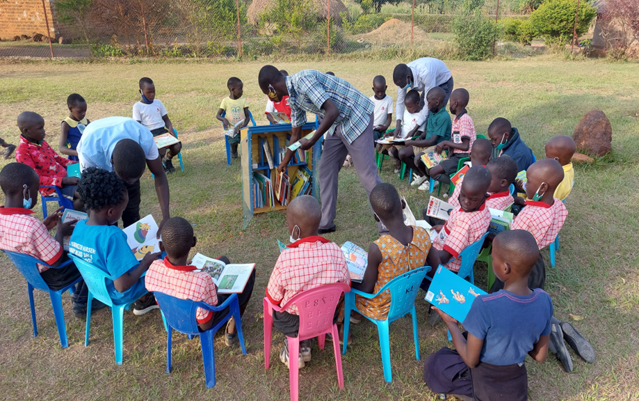A Little Free Library is the centerpiece at this school in northern Uganda where most of the students are boys.