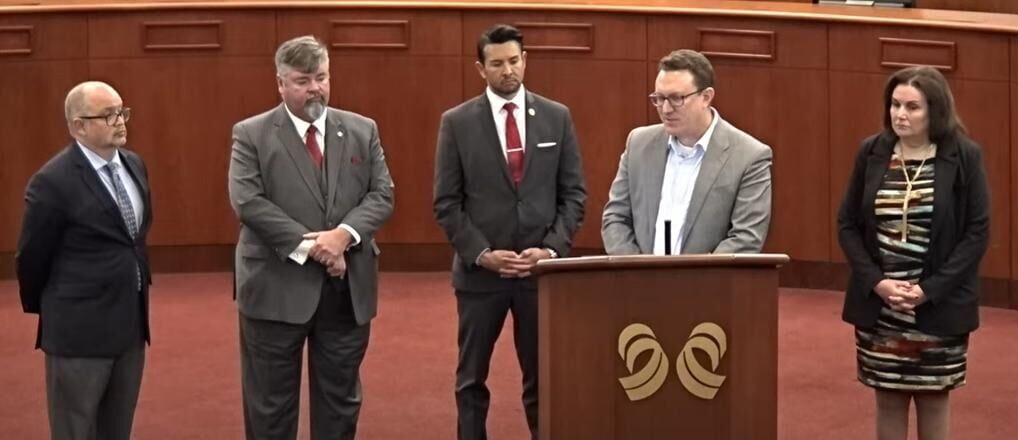 Douglas County Assessor Toby Damisch addresses questions during a Dec. 19 press conference on a decision by the Democratic-controlled state board of equalization to reject a county proposal to provide property tax relief to homeowners. From left to right: County Attorney Jeff Garcia, Commissioner George Teal, Commissioner Abe Laydon, Damisch and Commissioner Lora Thomas. (PHOTO: Screenshot via Douglas County) (MarianneGoodlandmarianne.goodland@coloradopolitics.comhttps://secure.gravatar.com/avatar/125a14b7bd9266f61a445ec13b1d3605?d=mm&r=g)
