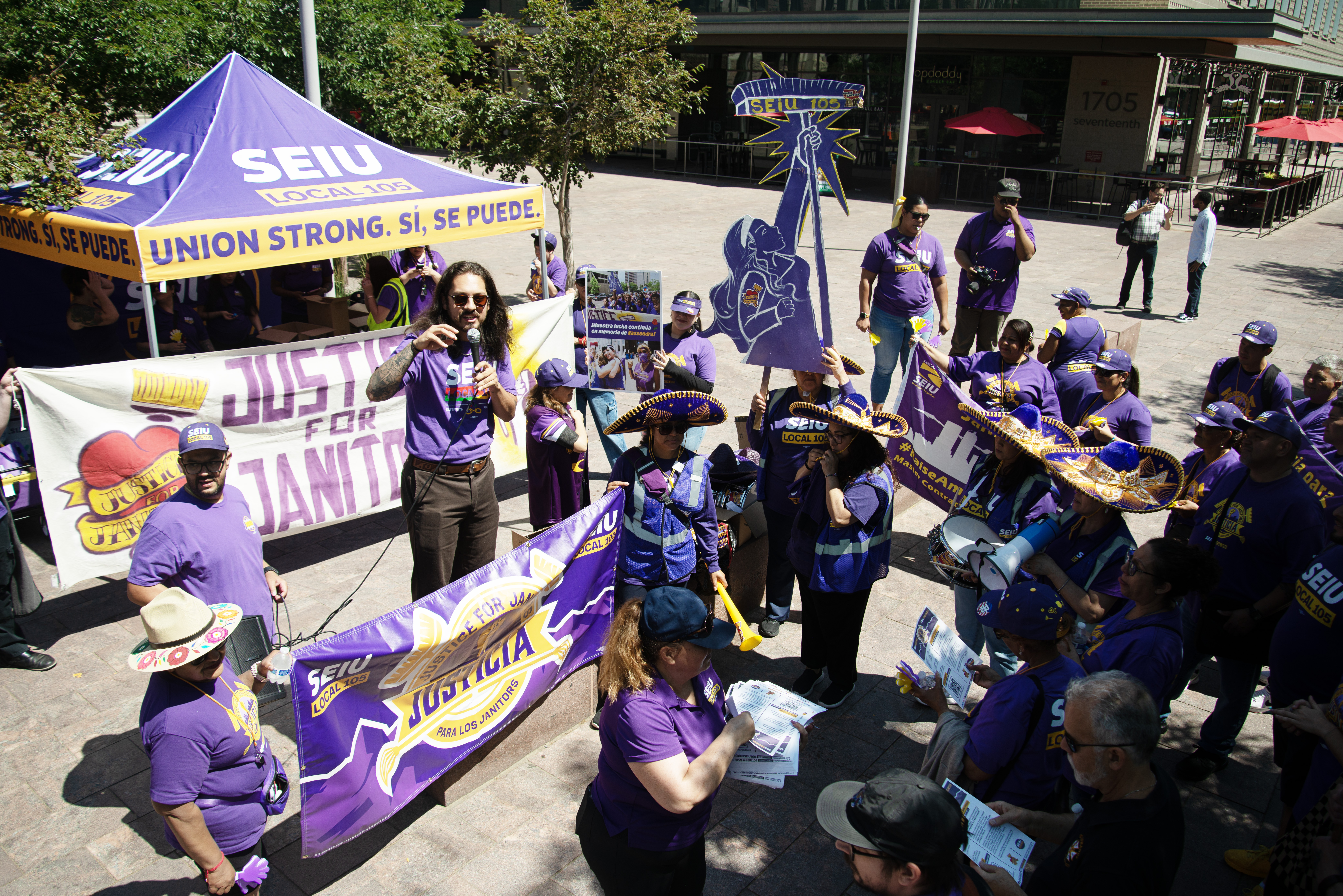Colorado State Rep. Tim Hernández, D-Denver, addresses members of the Service Employees International Union (SEIU) Local 105 during a 