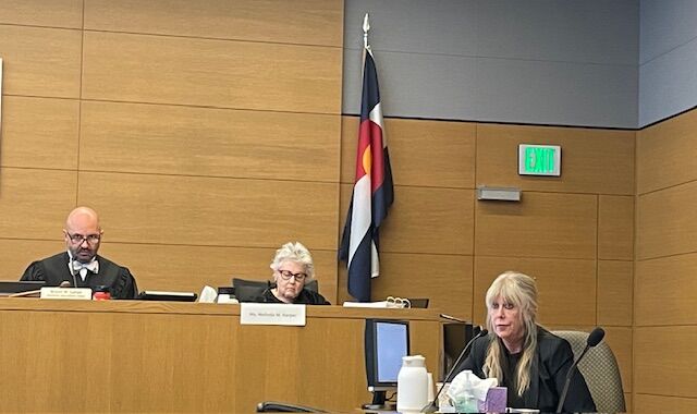 Presiding Judge Bryon Large and a panel member listen as Linda Stanley answers questions from Senior Assistant Regulation Counsel Erin Kristofco. Stanley's disciplinary hearing has finished its 7th full day. (Marissa Solomon, 9News)