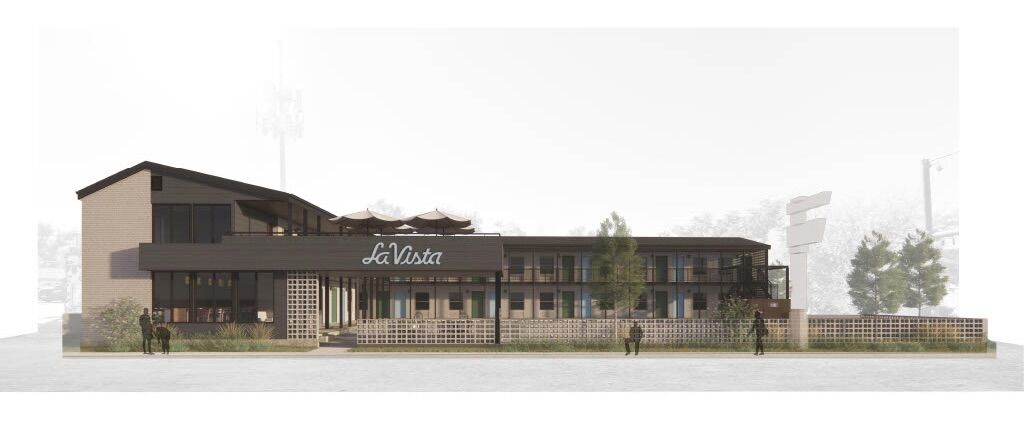 A rendering of the newly-renovated La Vista Motel, a historic East Colfax motel bought by developer Nathan Beal in 2022. (Courtesy photo, Sopher Sparn Architects)