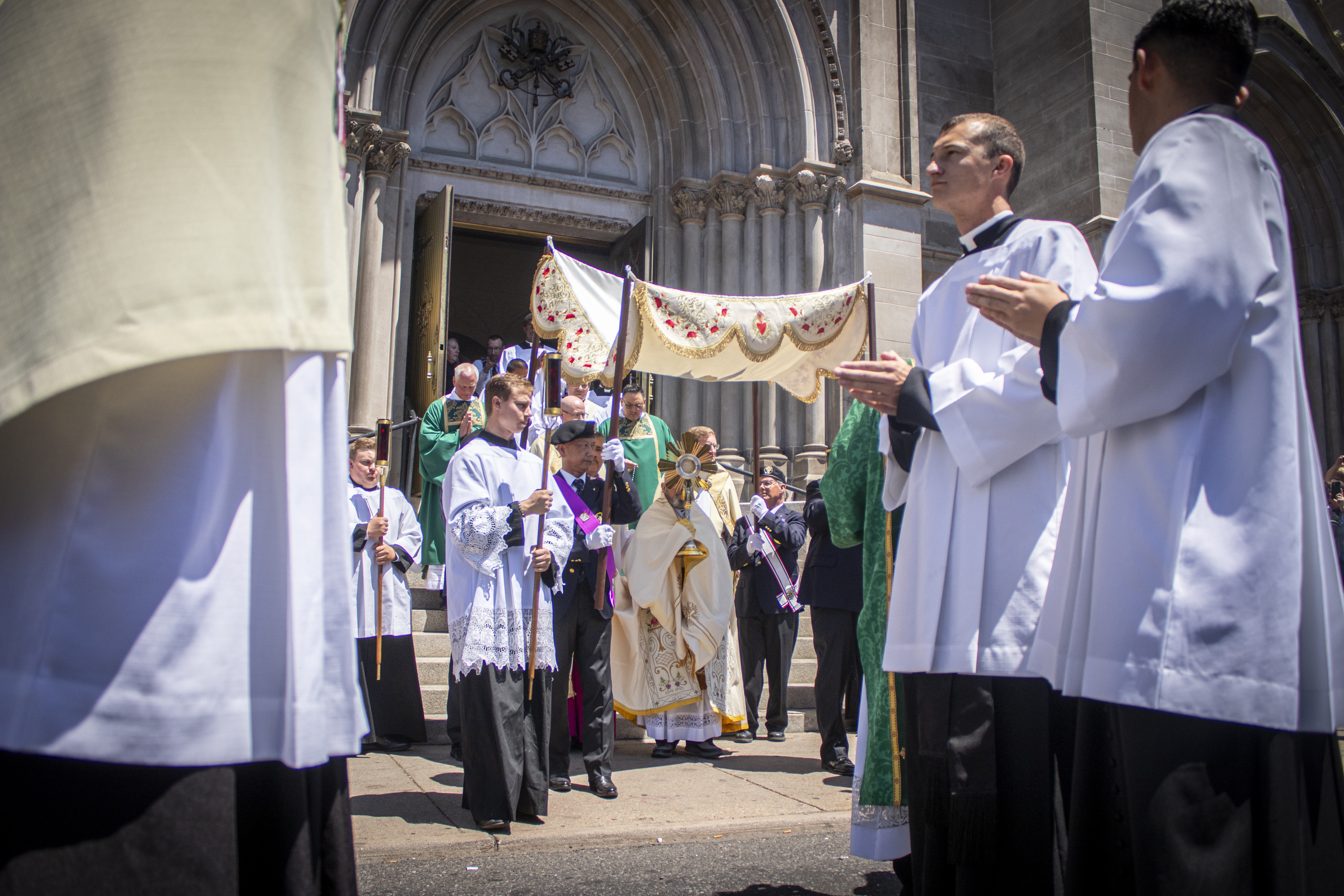 Denver's Archbishop Samuel Aquila leads a Eucharistic procession out of the Cathedral Basilica of the Immaculate Conception in downtown Denver on Sunday, June 9, 2024. (Bernadette Berdychowski / Denver Gazette)