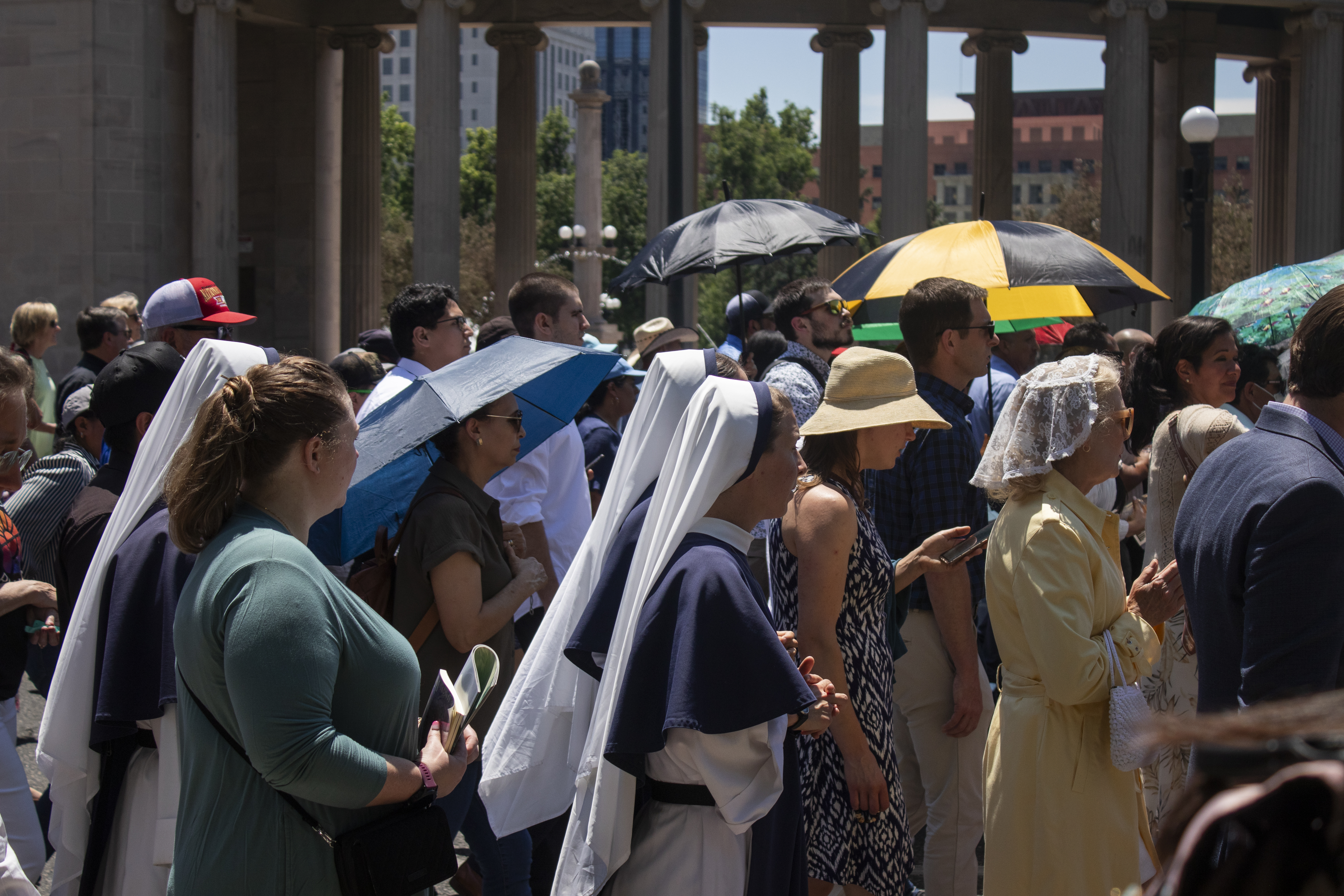 Pilgrims, nuns and monks were among the more than 4,000 attendees of a Eucharistic procession around downtown Denver on Sunday, June 9, 2024. (Bernadette Berdychowski / Denver Gazette)