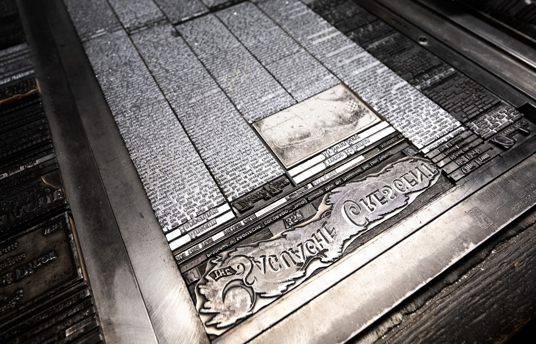The linotype plate of the May 9th edition of the Saguache Crescent lies on the bench in the backshop of the newspaper Thursday, May 8, 2024, in the small Colorado town in the San Luis Valley. (The Gazette, Christian Murdock) (Christian Murdock/The Gazette)