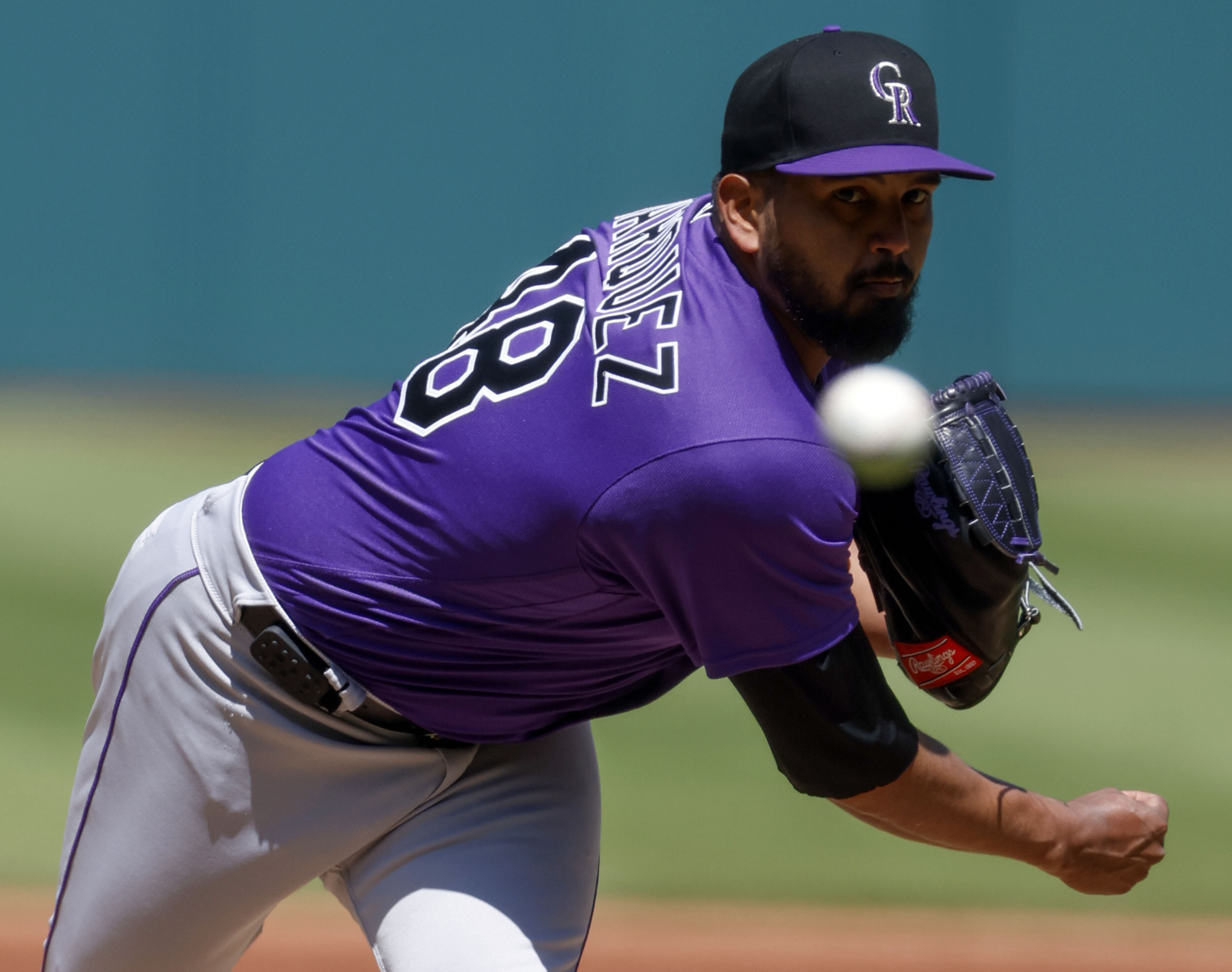 FILE - Colorado Rockies starting pitcher German Marquez delivers against the Cleveland Guardians during the first inning of a baseball game April 26, 2023, in Cleveland. Right-hander Márquez agreed Friday, Sept. 8, 2023, to a $20 million, two-year contract with the Rockies for 2024-25, a deal that allows him to remain with the team as he recovers from Tommy John surgery. (AP Photo/Ron Schwane, File) (Ron Schwane)