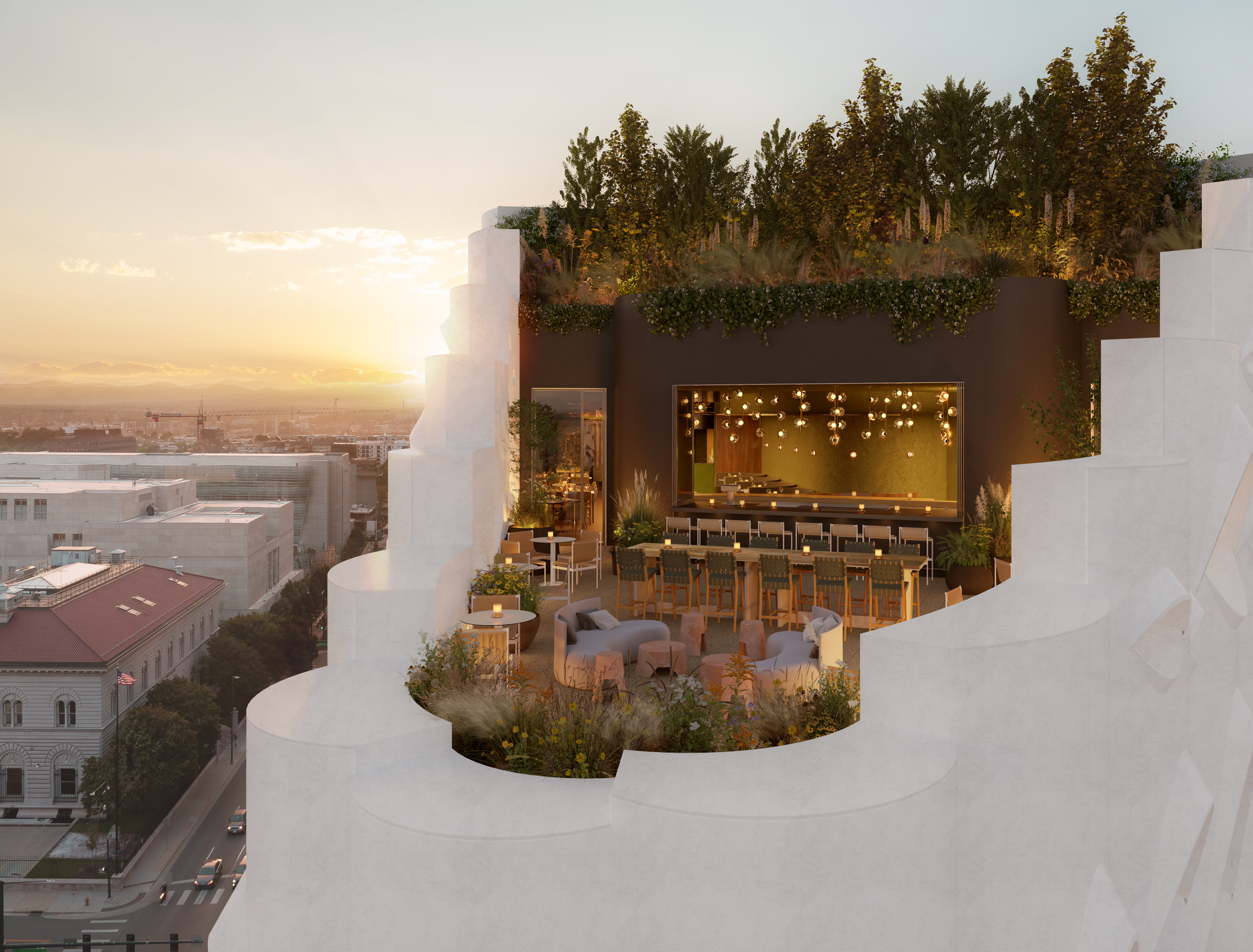 A rendering of the rooftop terrace of the Populus Hotel, which will debut a new dining concept called Stellar Jay that will serve food cooked with open fire techniques. (Courtesy Photo, Nephew)