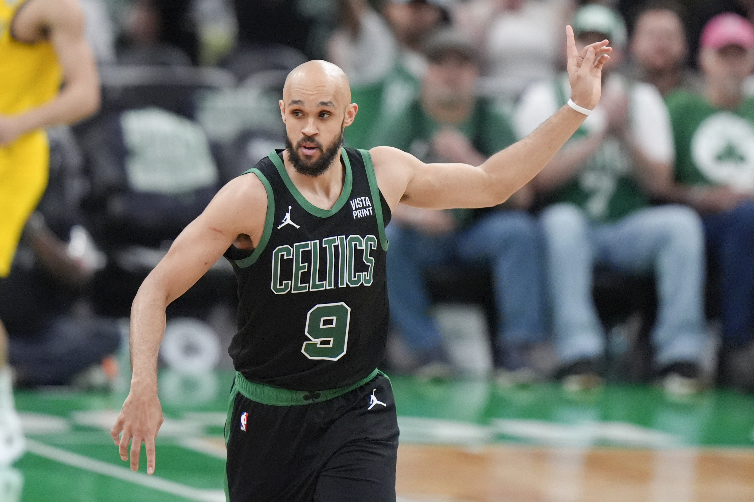 Boston Celtics guard Derrick White (9) celebrates after scoring during the second half of Game 2 of the NBA Eastern Conference basketball finals against the Indiana Pacers, Thursday, May 23, 2024, in Boston. (AP Photo/Steven Senne) (Steven Senne)