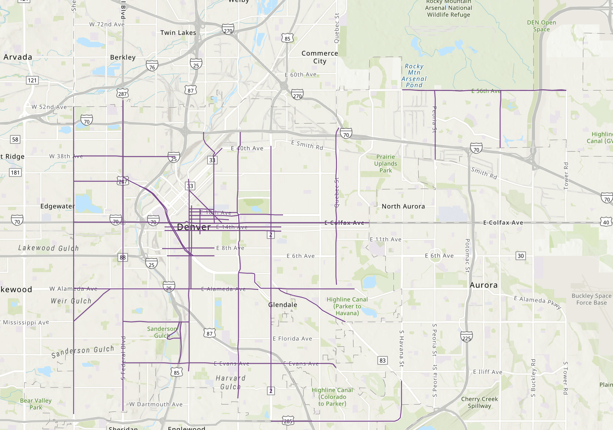 Denver's map of high risk corridors, appearing as purple highlights, as shown in an ArcGIS map online. (Courtesy, Department of Transportation and Infrastructure). (AlexanderEdwardsBusiness Reporteralex.edwards@gazette.comhttps://secure.gravatar.com/avatar/dbaa50cc8a9183e280c297e3afa72ace?d=mm&r=g)