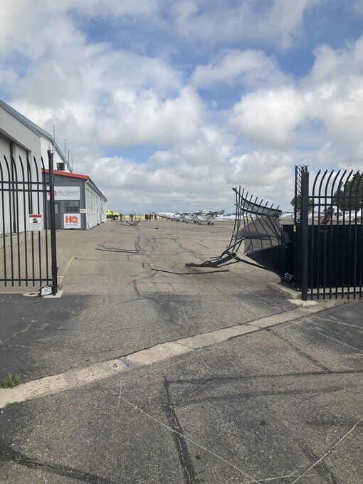 A private gate at Rocky Mountain Metropolitan Airport was damaged early Monday morning after a pickup truck blew through the gate without stopping. (Courtesy photo, Jefferson County Sheriff)