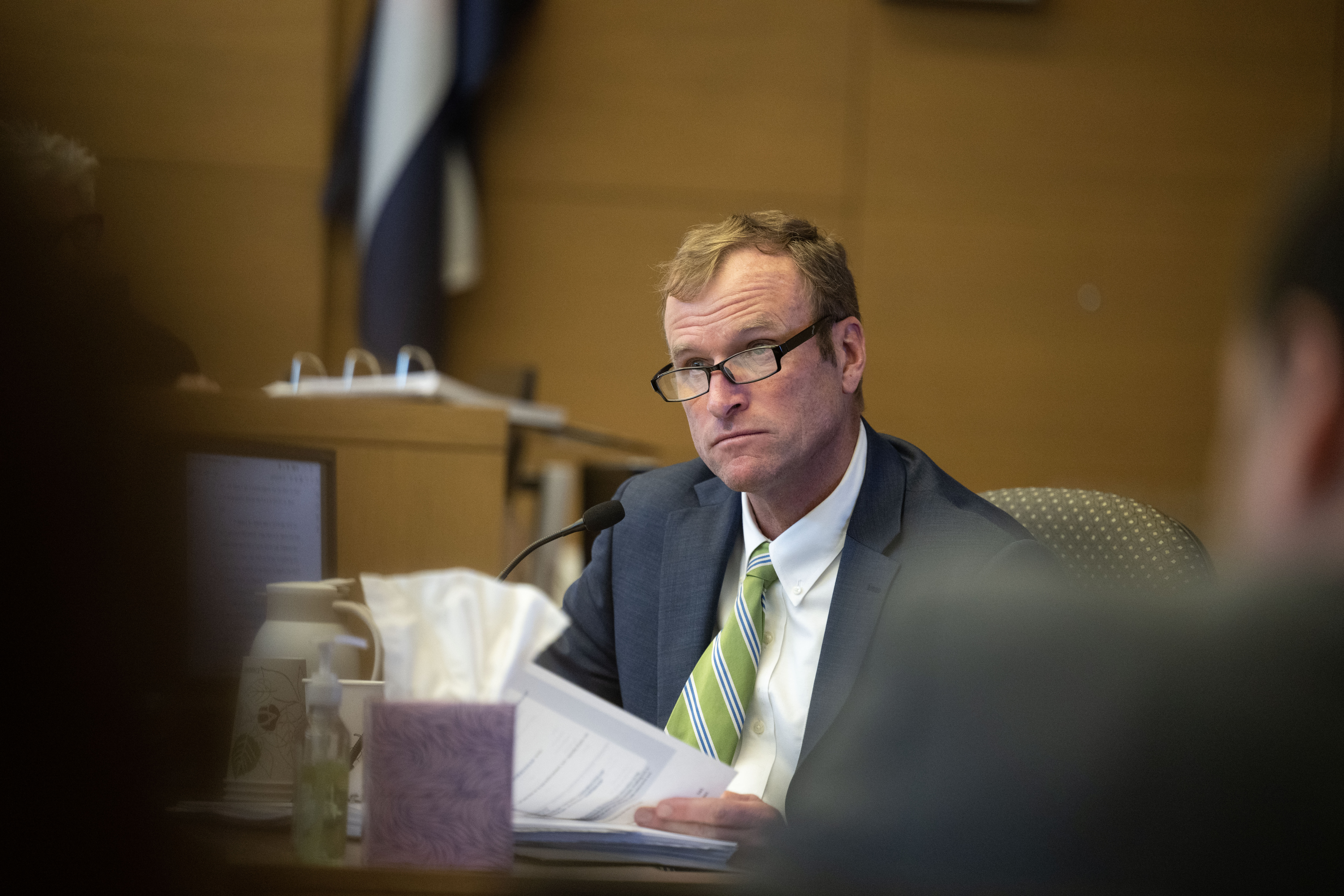 11th Judicial Deputy District Attorney Mark Hurlbert reads from an exhibit as he is questioned by the defense during Linda Stanley's disciplinary hearing on Tuesday, June 11, 2024. (Stephen Swofford, Denver Gazette) (StephenSwoffordPhotographerstephen.swofford@gazette.comhttps://secure.gravatar.com/avatar/1ddcaf11c5d70eaa58546ddc4e038687?d=mm&r=g)