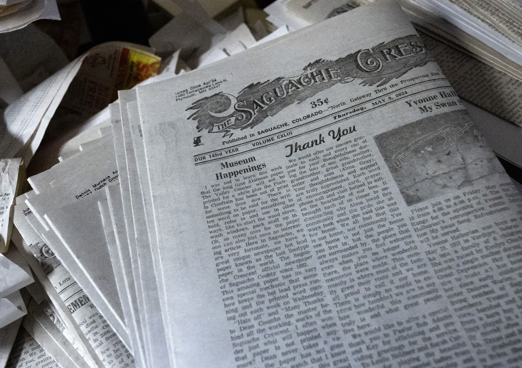 The latest edition of the Saguache Crescent lies ready to be mailed in the newspaper building Thursday, May 8, 2024, in Saguache, Colo. Coombs prints about 400 copies a week of the four-page newspaper. (The Gazette, Christian Murdock) (Christian Murdock/The Gazette)