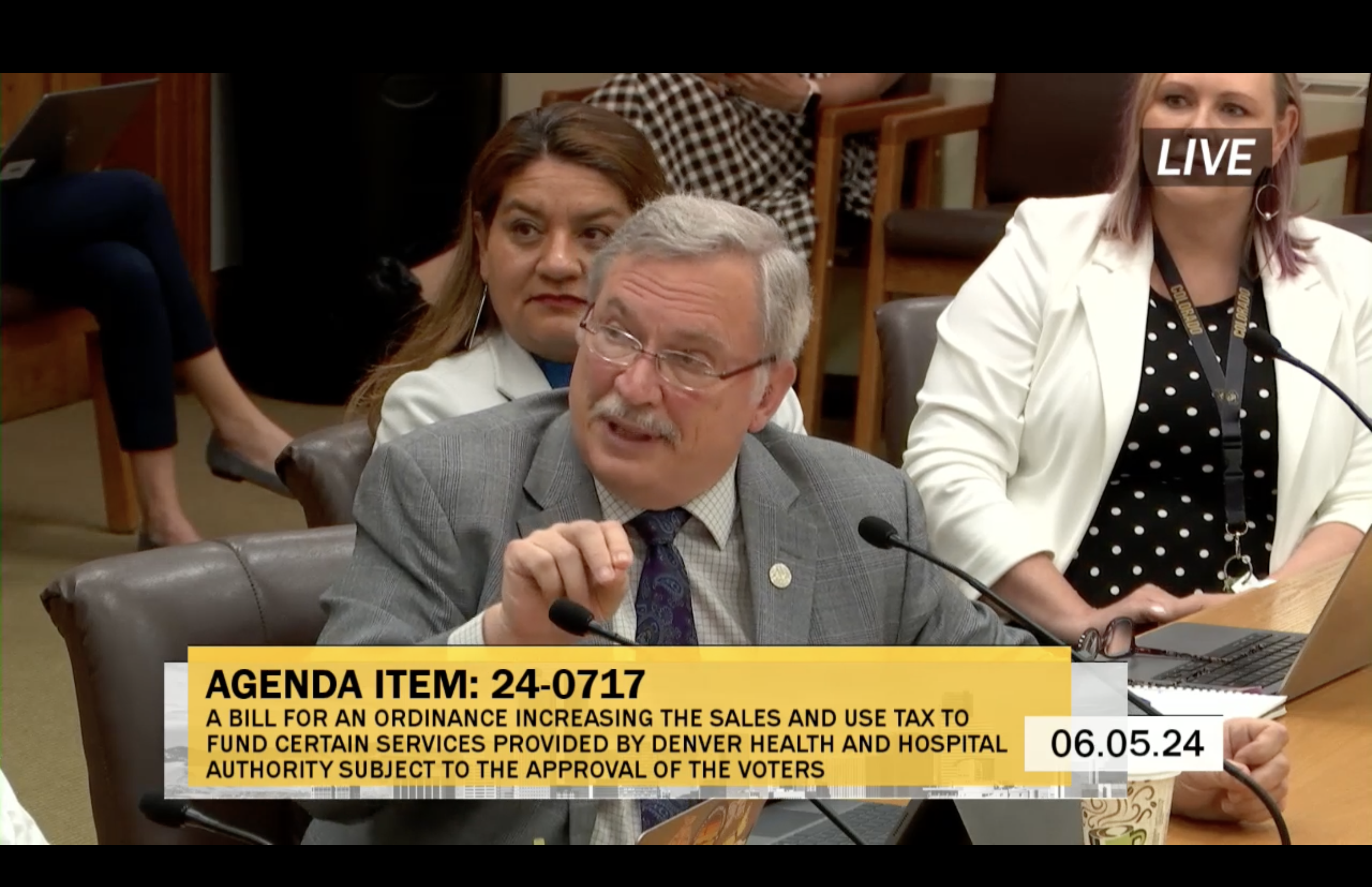 Councilman Kevin Flynn asks questions about a proposed tax rate increase during a Denver City Council committee meeting on June 5, 2024. (Screenshot of City and County of Denver) (City of Denver)