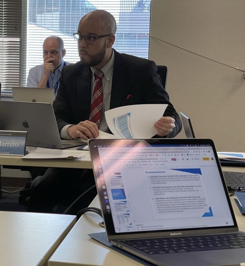 FILE PHOTO: Denver Public Schools Superintendent Alex Marrero flips through a staff report on declining enrollment during a March 9, 2023 board meeting in which board members voted to close three schools. (NicoBrambilanico.brambila@denvergazette.comhttps://denvergazette.com/content/tncms/avatars/4/ec/74a/4ec74aa2-71b0-11ed-af6f-0f0ae7acf7b0.d52fca74e95503d77da50127c9ff4e2d.png)