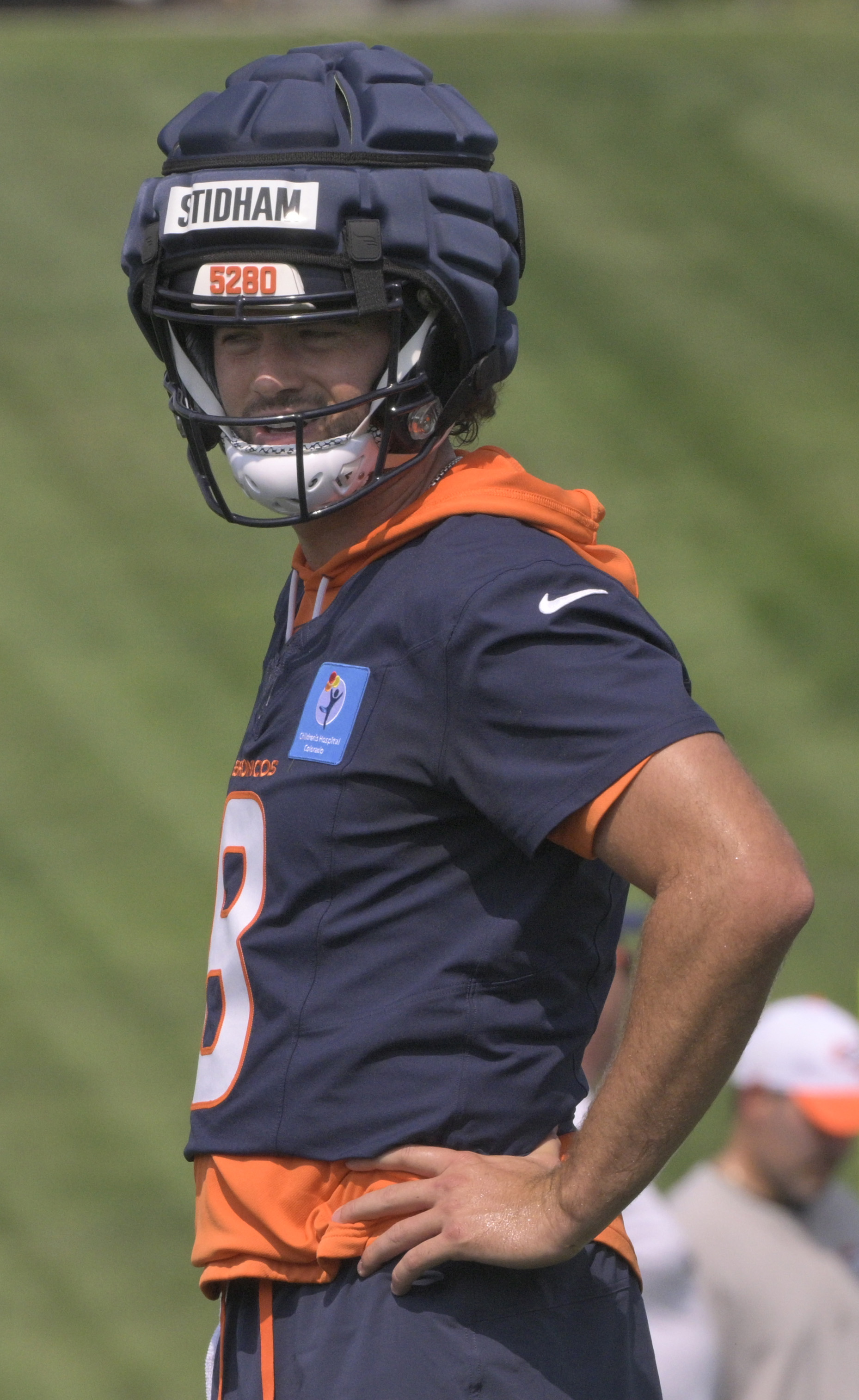 Broncos quarterback Jarrett Stidham on the practice field at the Denver Broncos training center on Wednesday, July 24, 2024. (Jerilee Bennett The Gazette)