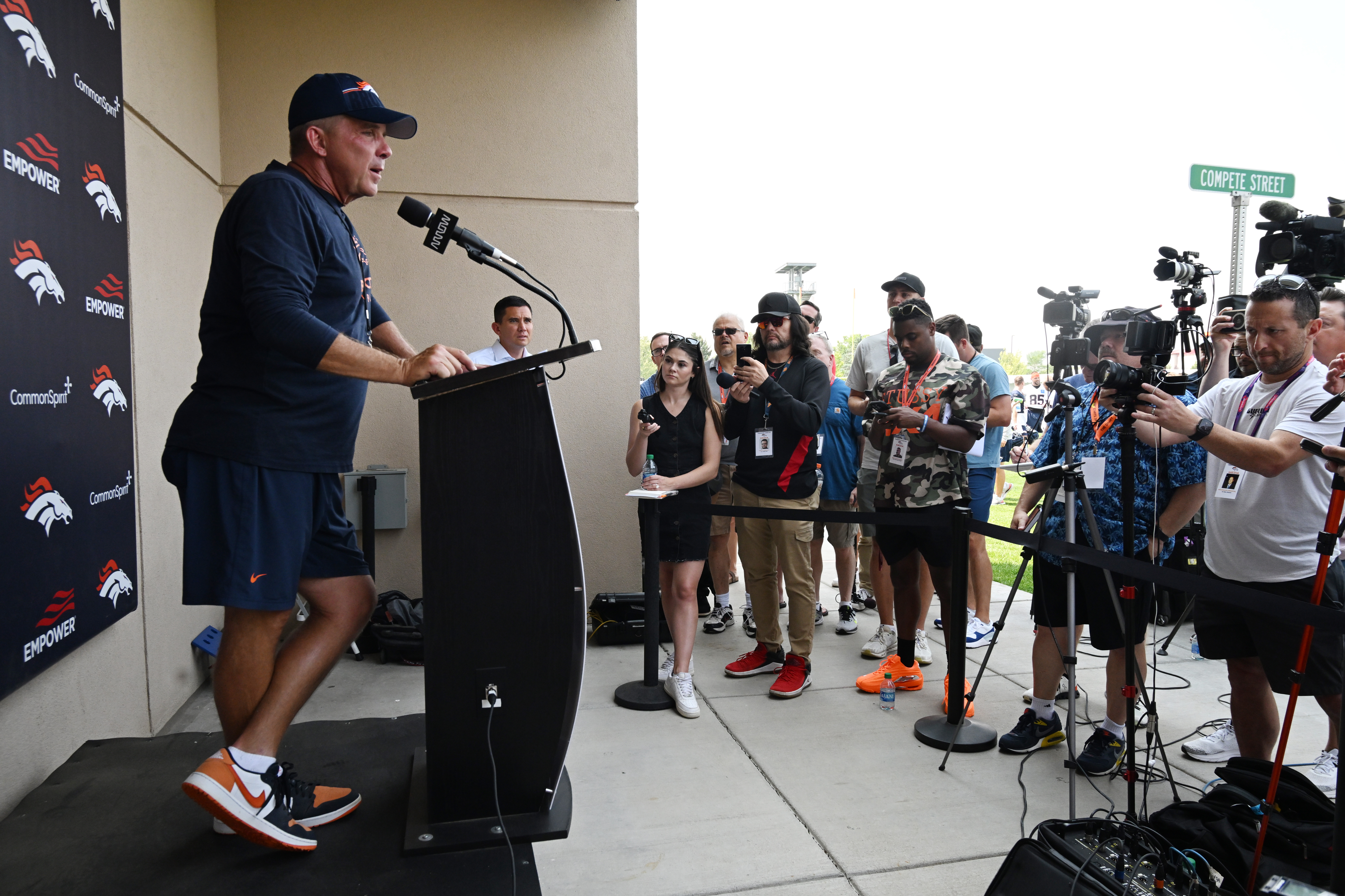Broncos head coach Sean Payton addresses the media after practice at the Denver Broncos training center on Wednesday, July 24, 2024. (Jerilee Bennett The Gazette)