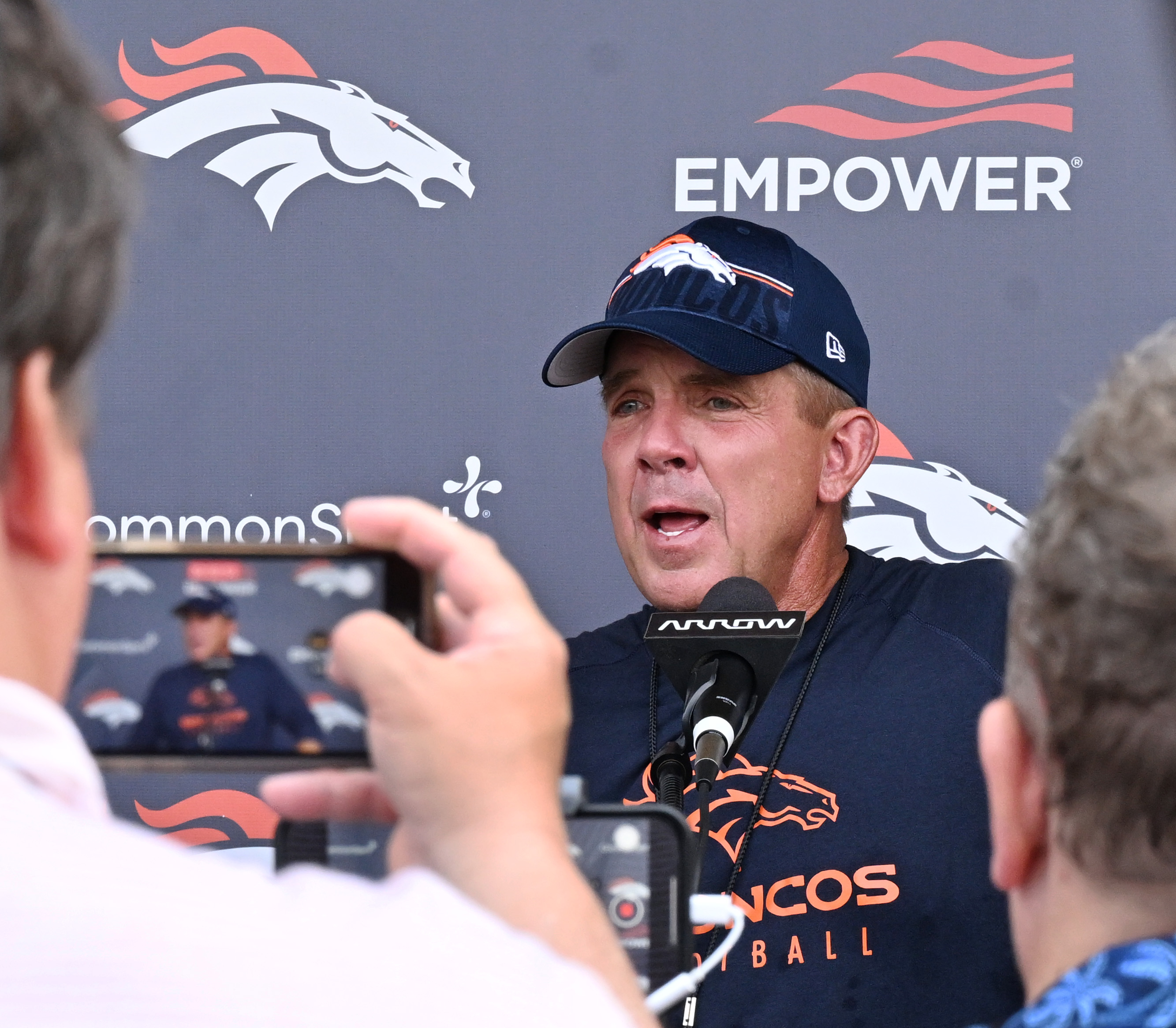 Broncos head coach Sean Payton addresses the media after practice at the Denver Broncos training center on Wednesday, July 24, 2024. (Jerilee Bennett The Gazette)